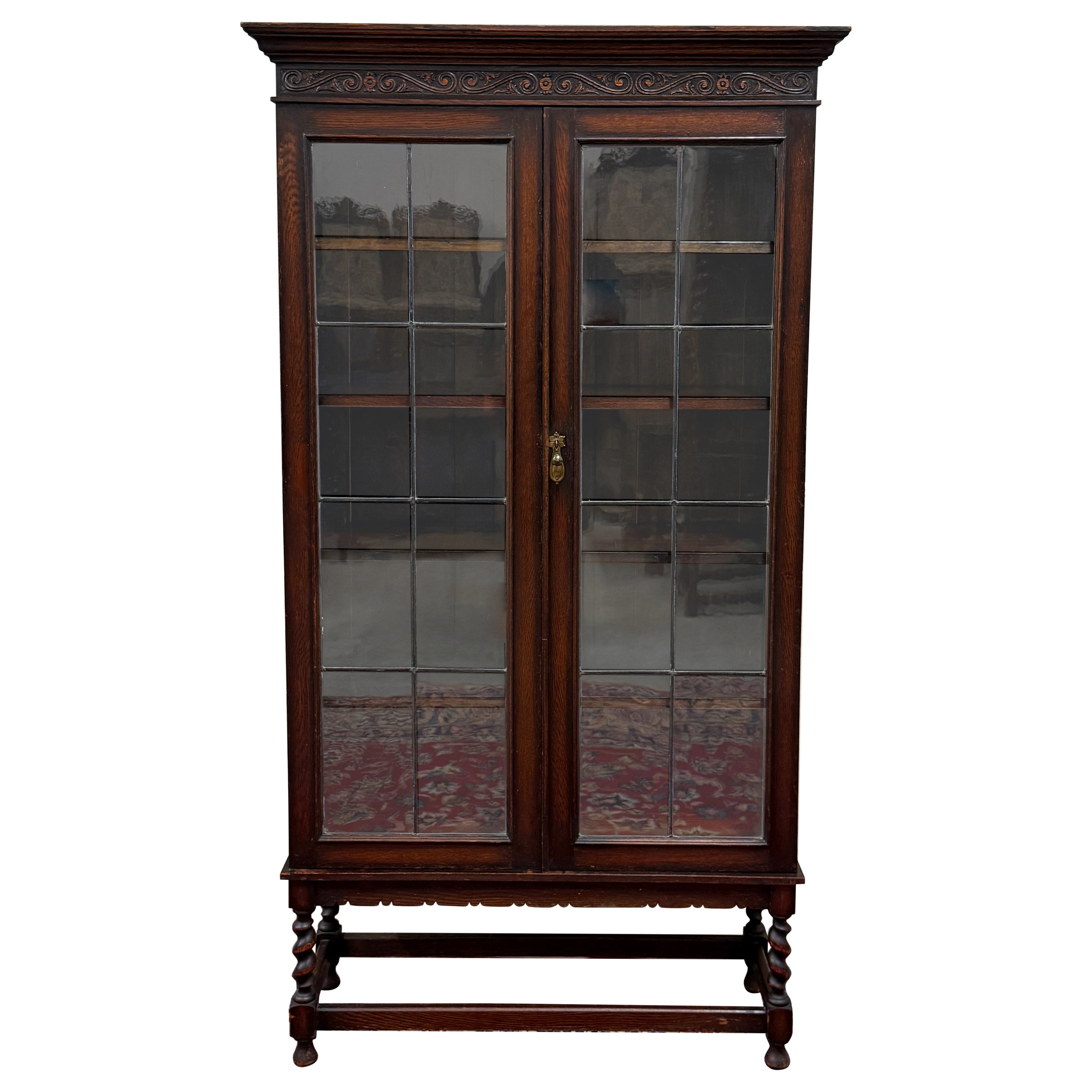 Antique English Jacobean Bookcase Bookshelf Display Cabinet Leaded Glass Oak For Sale