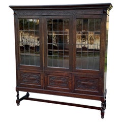 Antigua librería jacobea inglesa Estantería Vitrina Vidrio emplomado Roble