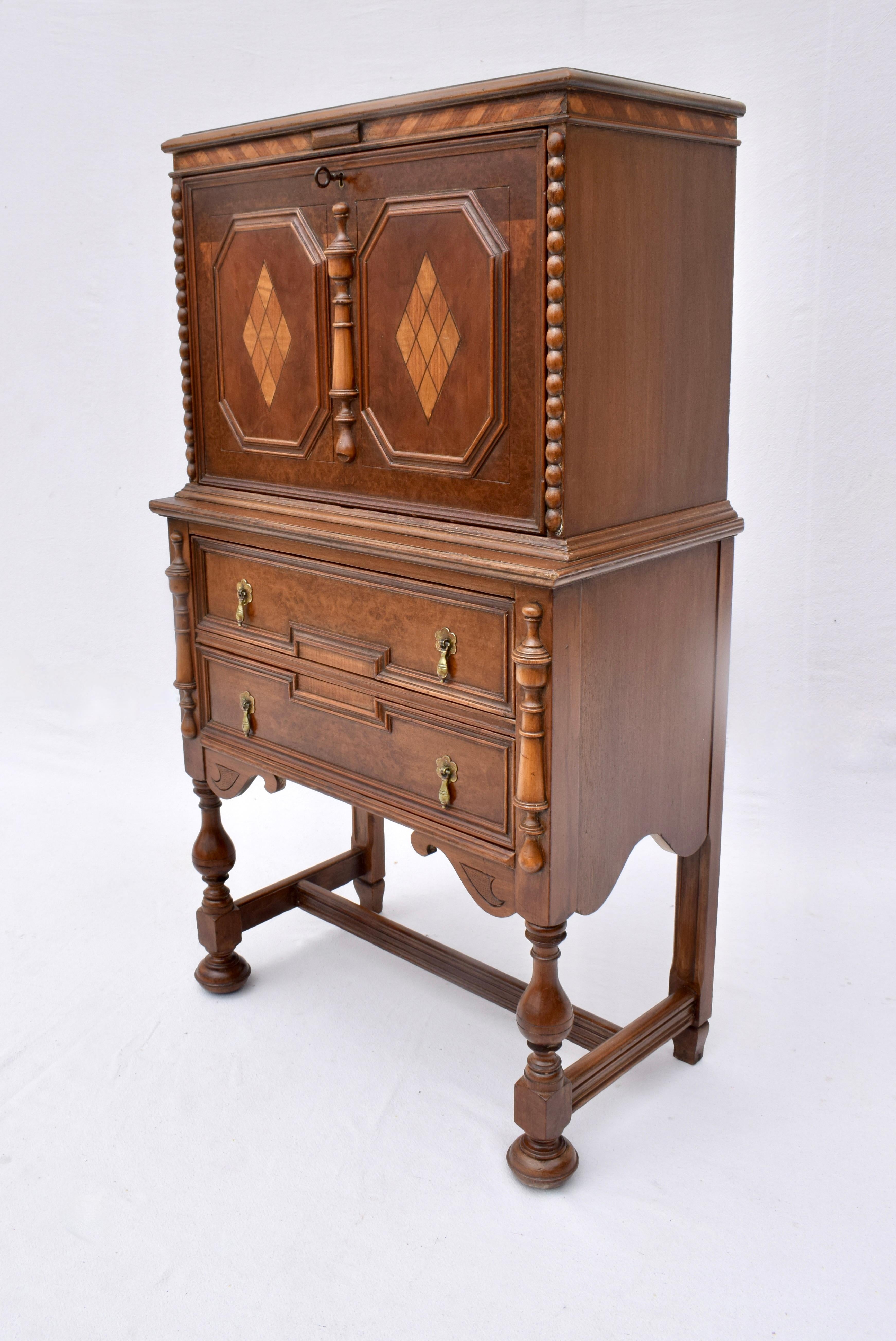 American Antique English Jacobean Carved Burl & Mixed Wood Bar Cabinet Circa 1920s For Sale