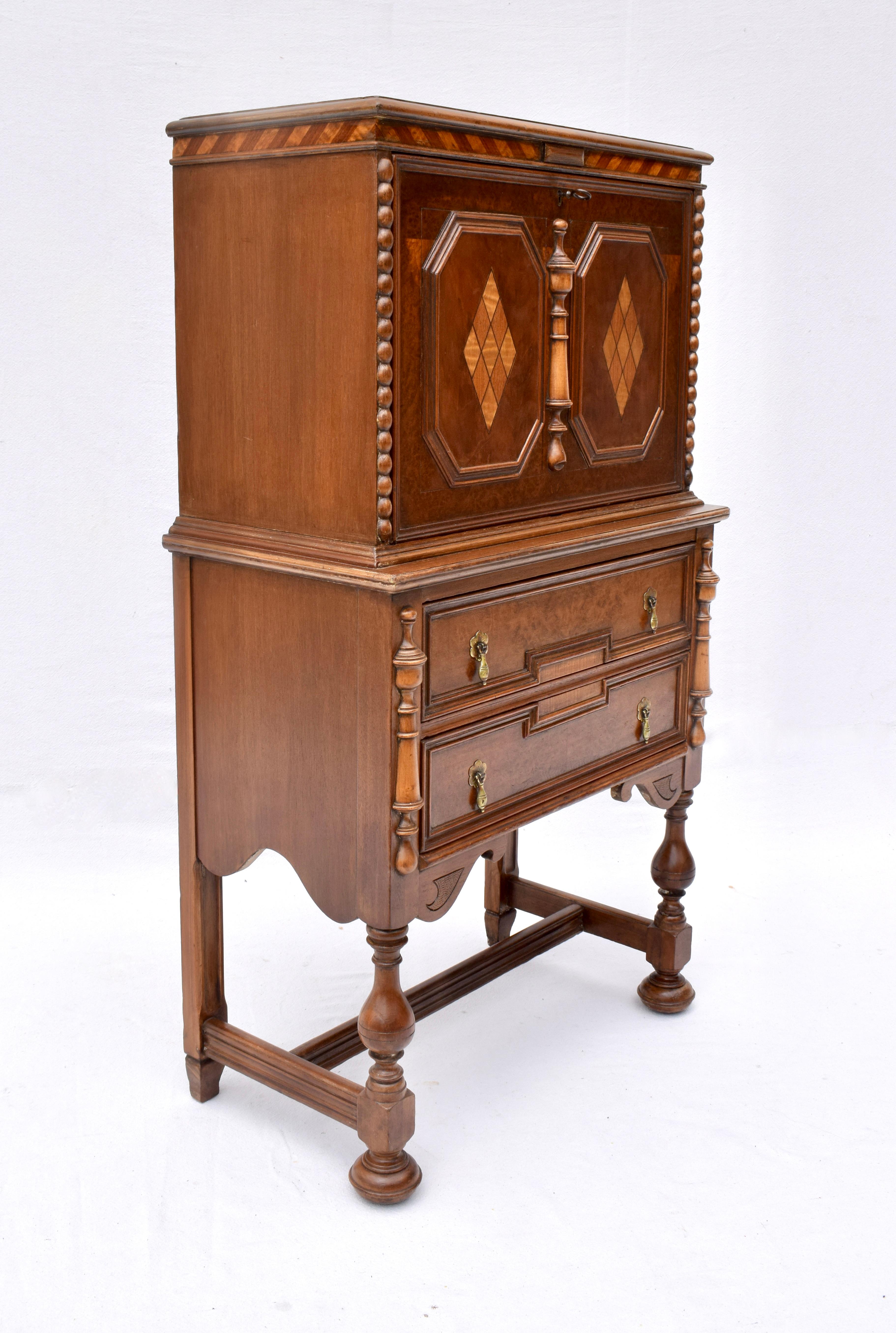 Inlay Antique English Jacobean Carved Burl & Mixed Wood Bar Cabinet Circa 1920s For Sale