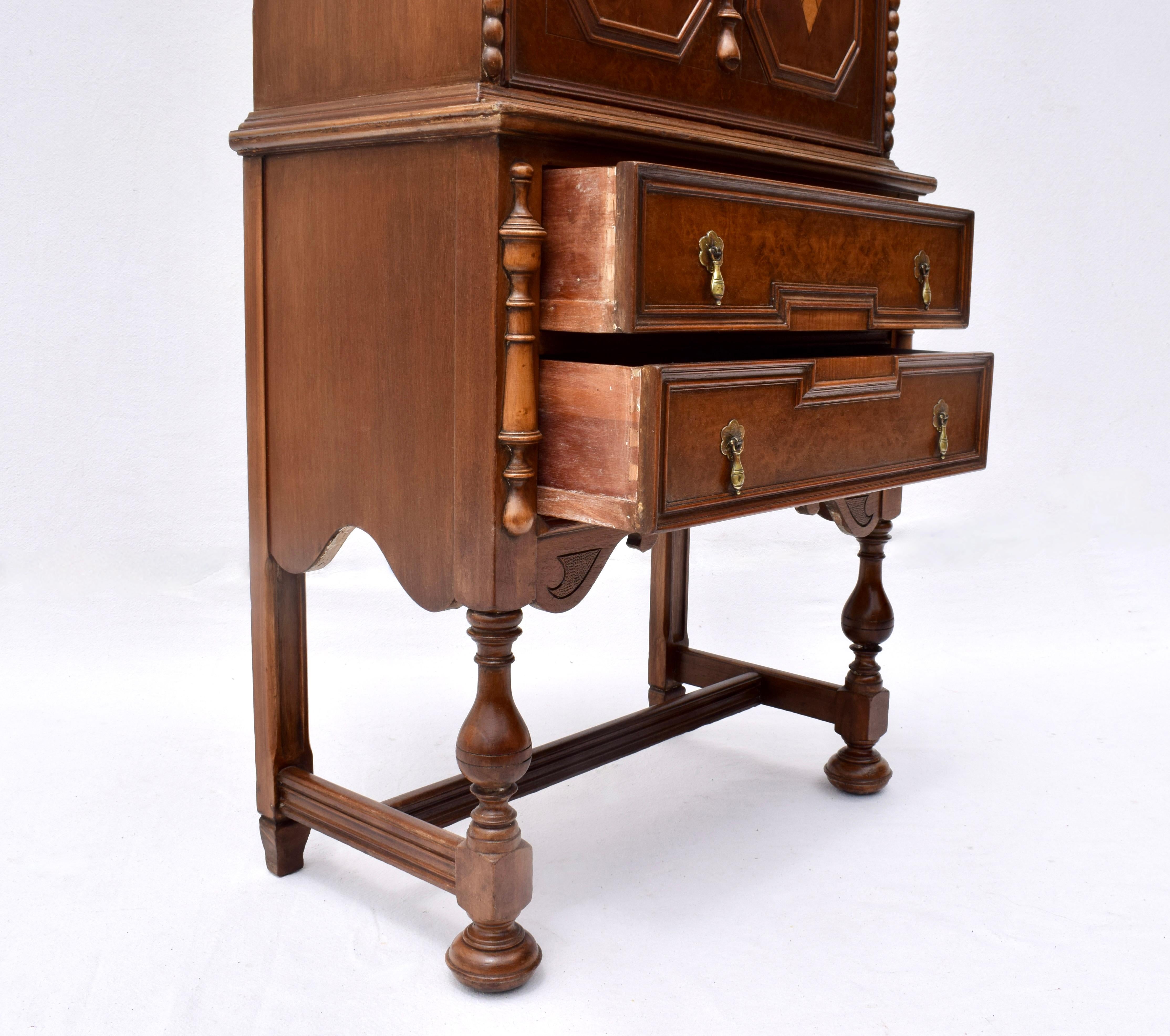 Antique English Jacobean Carved Burl & Mixed Wood Bar Cabinet Circa 1920s In Good Condition For Sale In Southampton, NJ