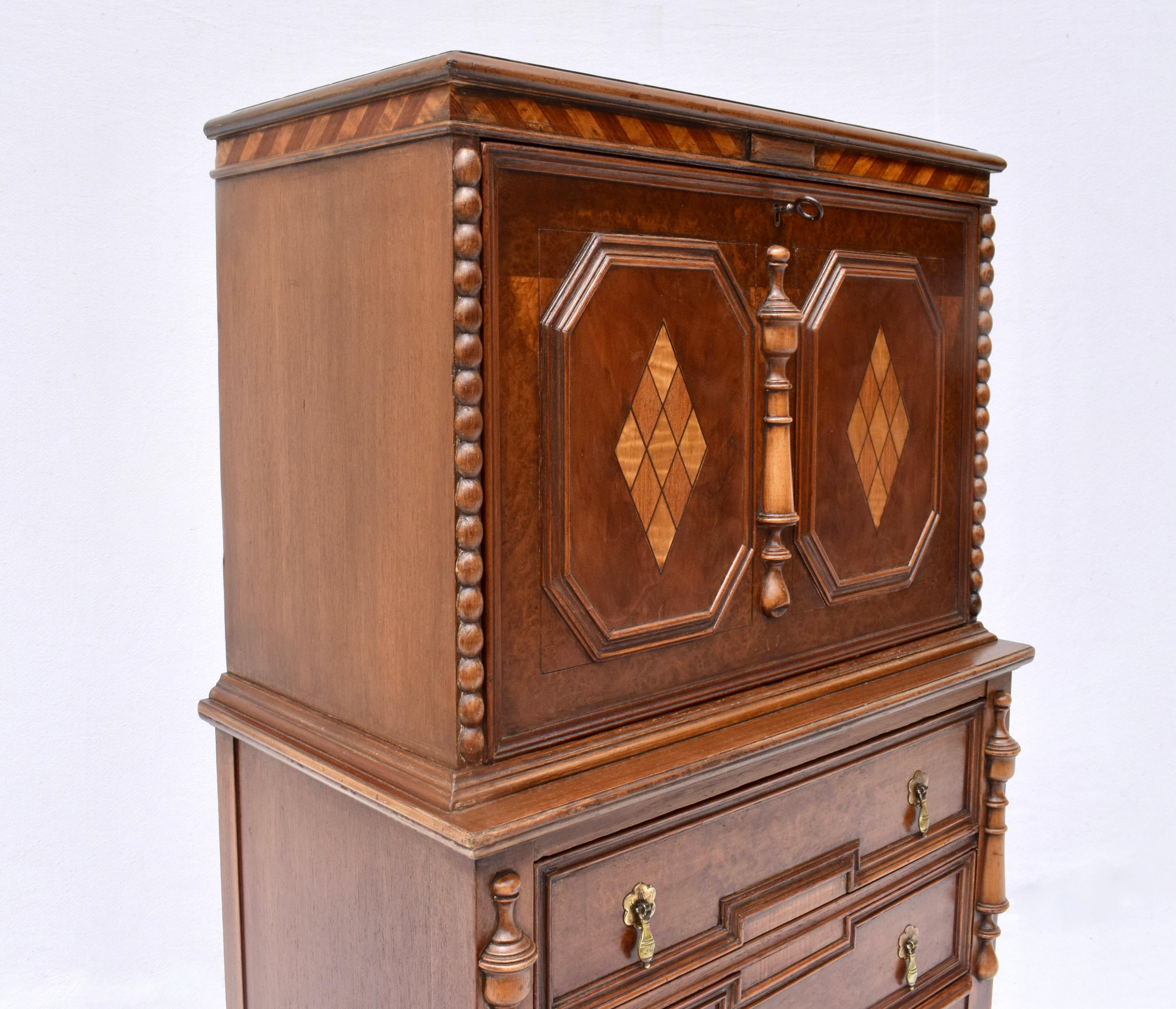 Brass Antique English Jacobean Carved Burl & Mixed Wood Bar Cabinet Circa 1920s For Sale