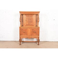 Antique English Jacobean Carved Oak and Burl Wood Bar Cabinet, Circa 1920s