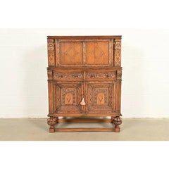 Antico mobile bar giacobino inglese in quercia intagliata, CIRCA 1920