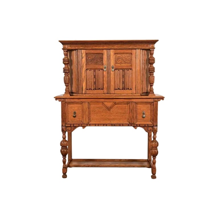 Antico mobile bar giacobino inglese in quercia intagliata, CIRCA 1920