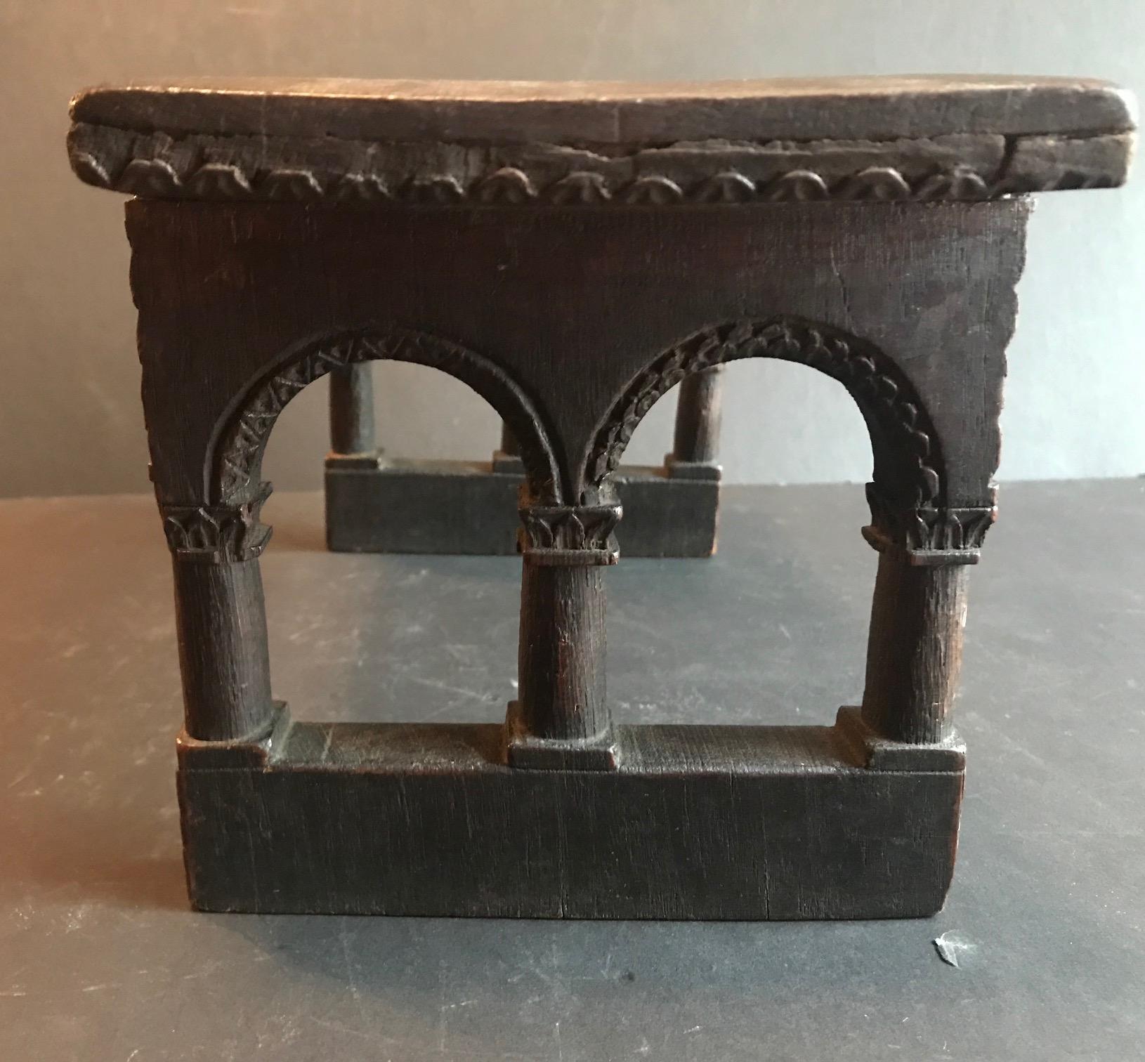 18th Century and Earlier Antique English Jacobean Carved Oak Miniature Footstool