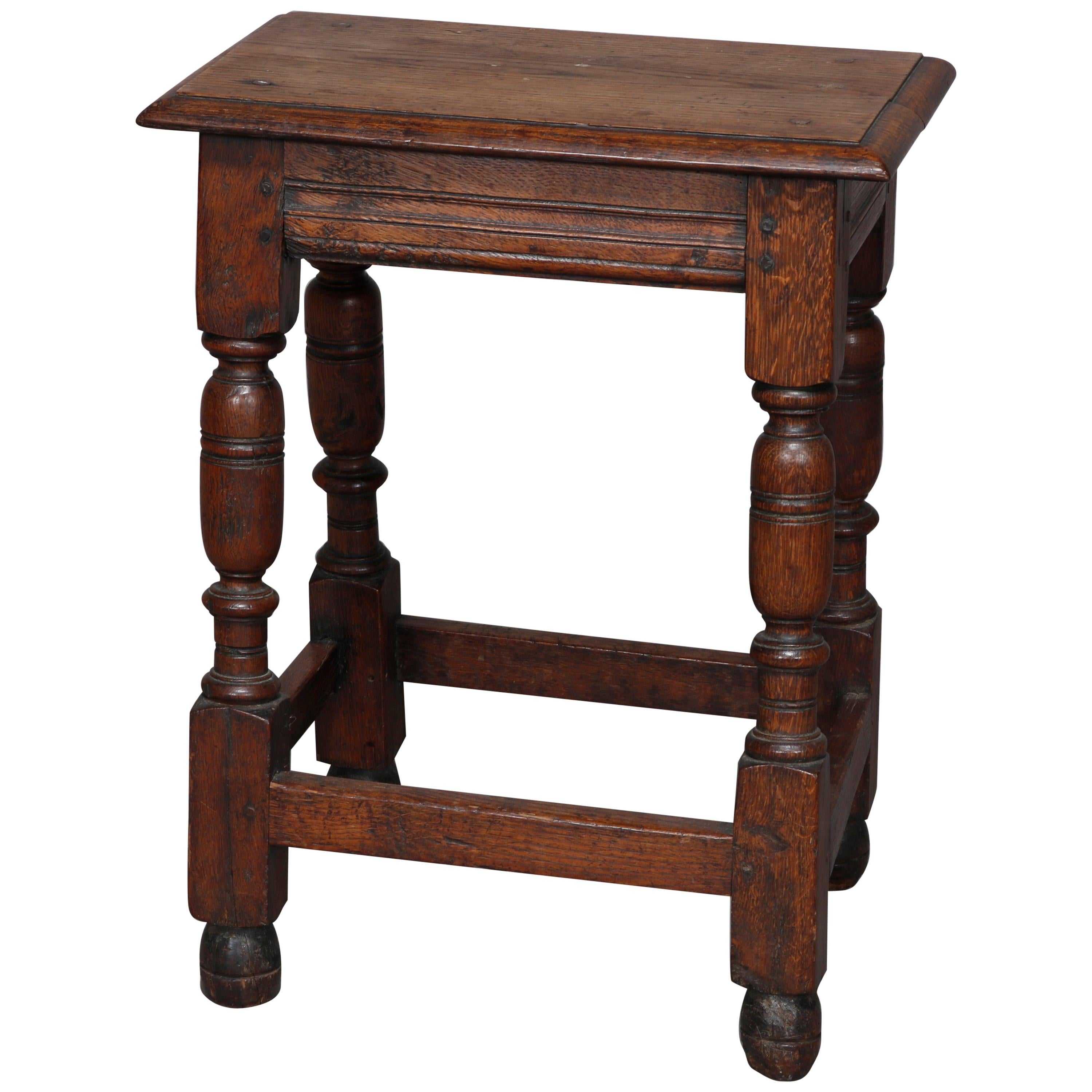 Antique English Jacobean Carved Oak Side Stand or Stool, 18th Century
