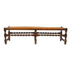 Antique English Jacobean Carved Walnut Barley Twist Caned Long Bench Seat 1880