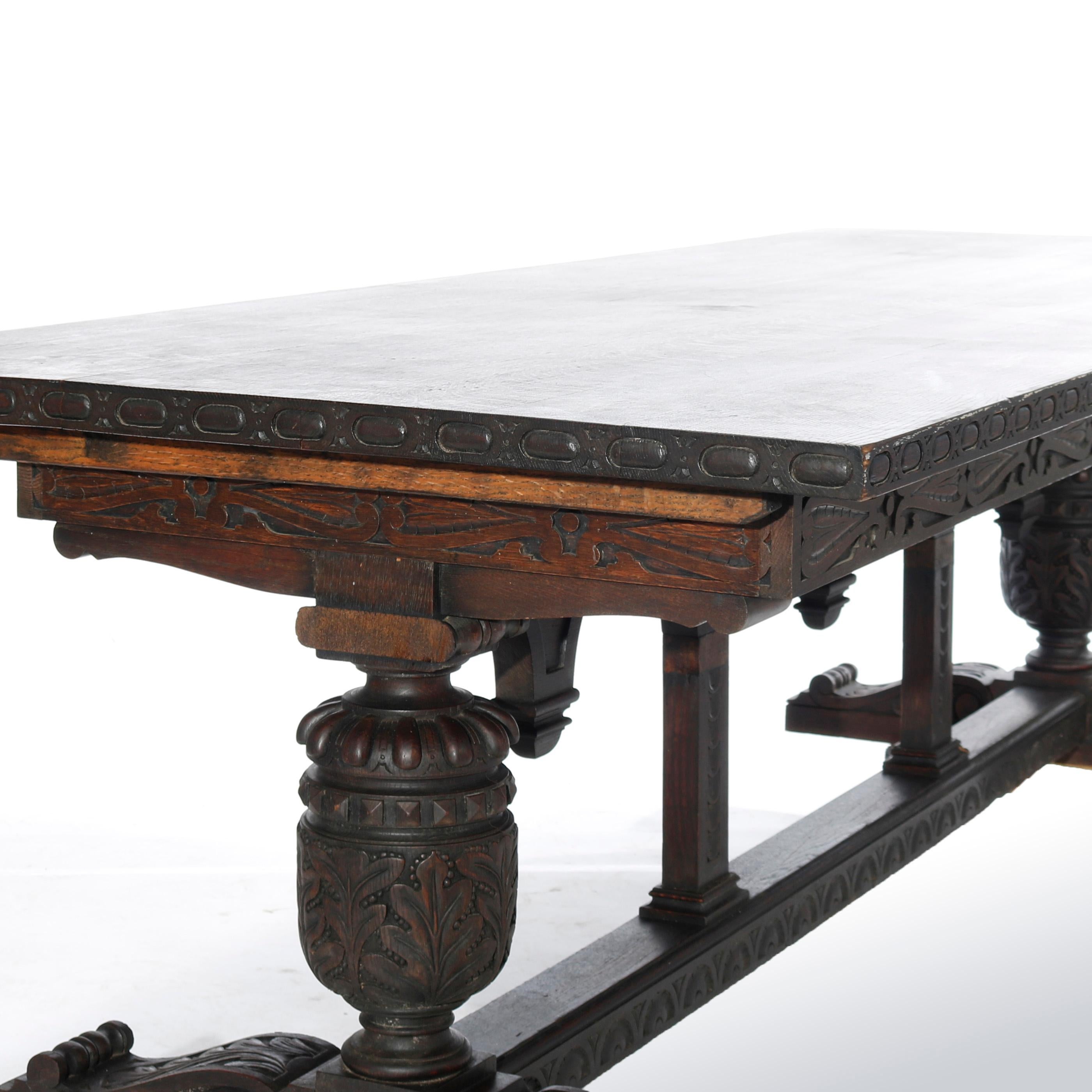 Antique English Jacobean Carved Walnut Trestle Dining or Conference Table 19th C In Good Condition In Big Flats, NY