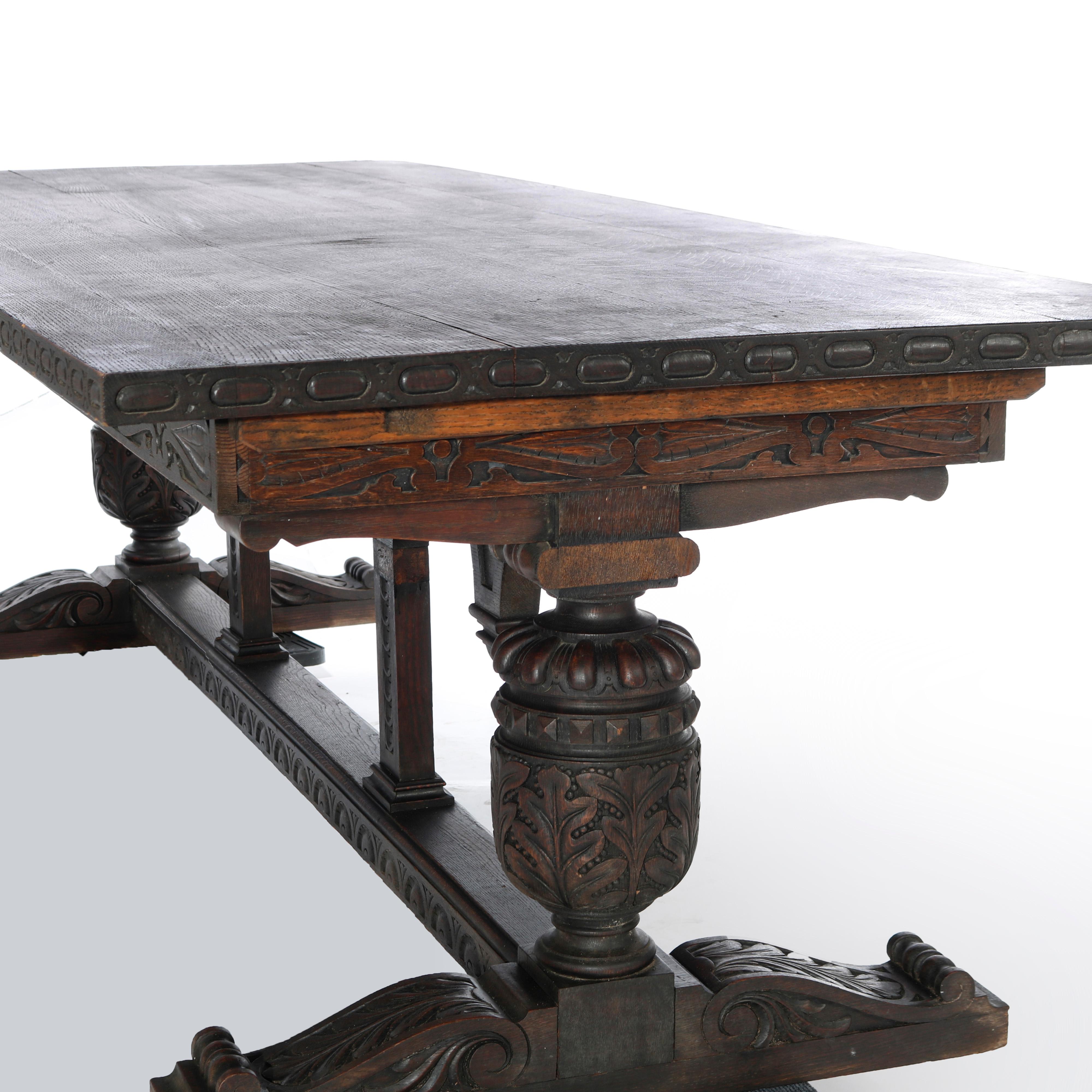 19th Century Antique English Jacobean Carved Walnut Trestle Dining or Conference Table 19th C