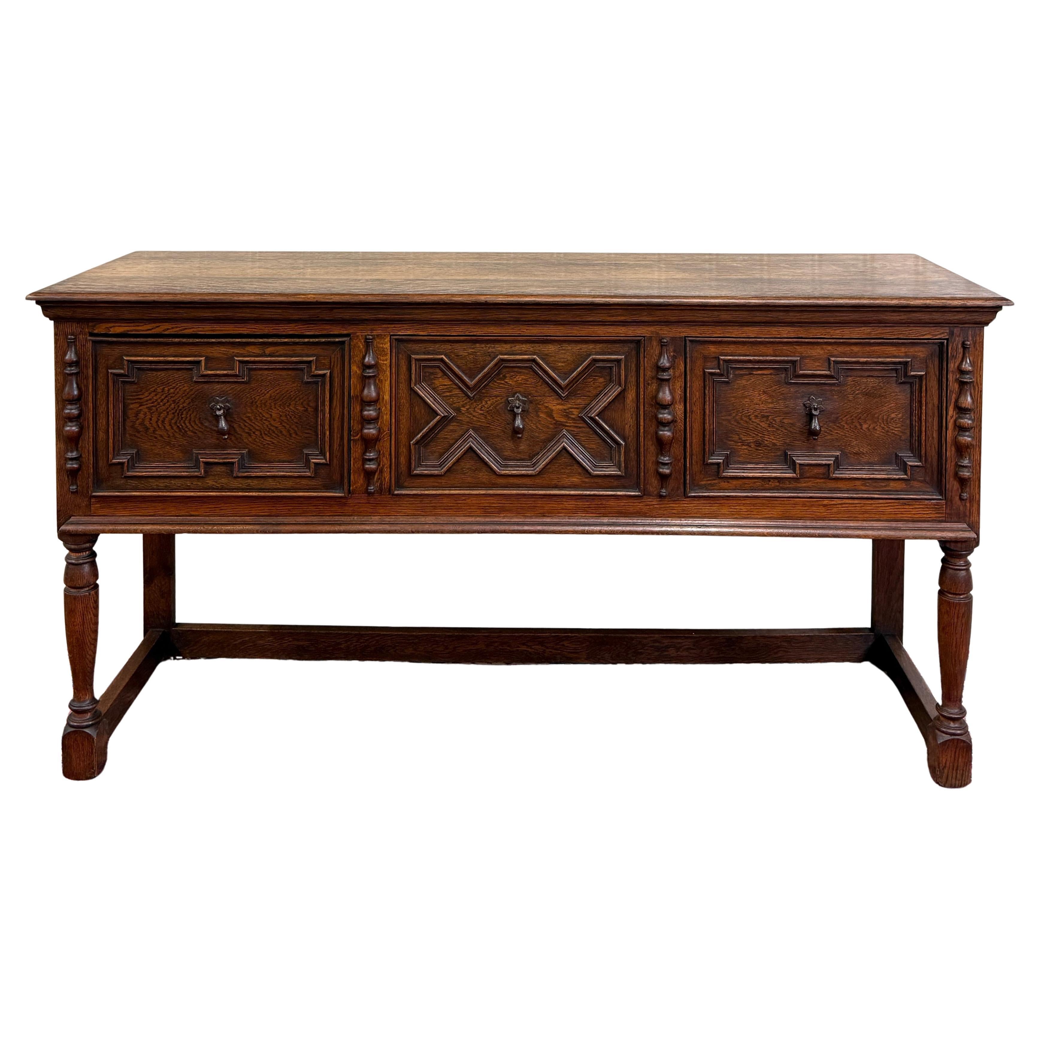 Antique English Jacobean Console Buffet Sideboard Sofa Table Oak c.1930s For Sale