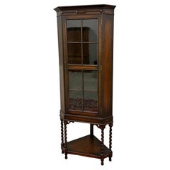 Antique English Jacobean Corner Cabinet Barley Twist Legs Glass Door Oak 1920s