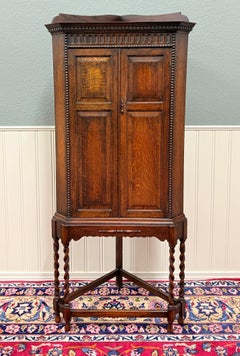 Antique English Jacobean Corner Cabinet Cupboard Storage Barley Twist Oak 1930s