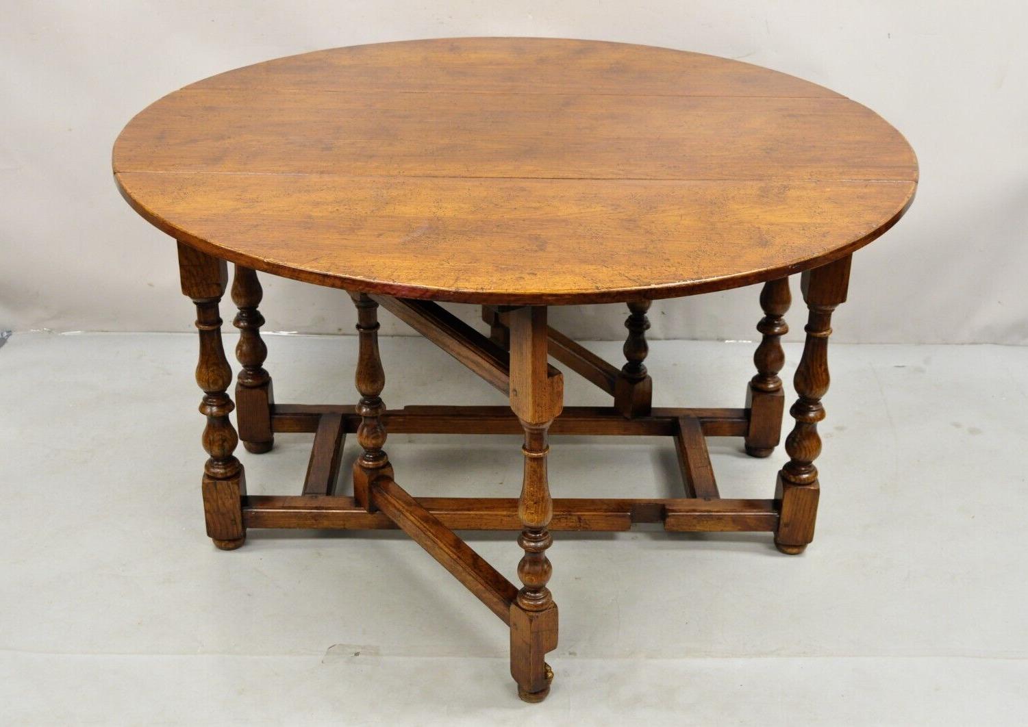 Ancienne table de salle à manger ronde en chêne Jacobean Country Gateleg 55