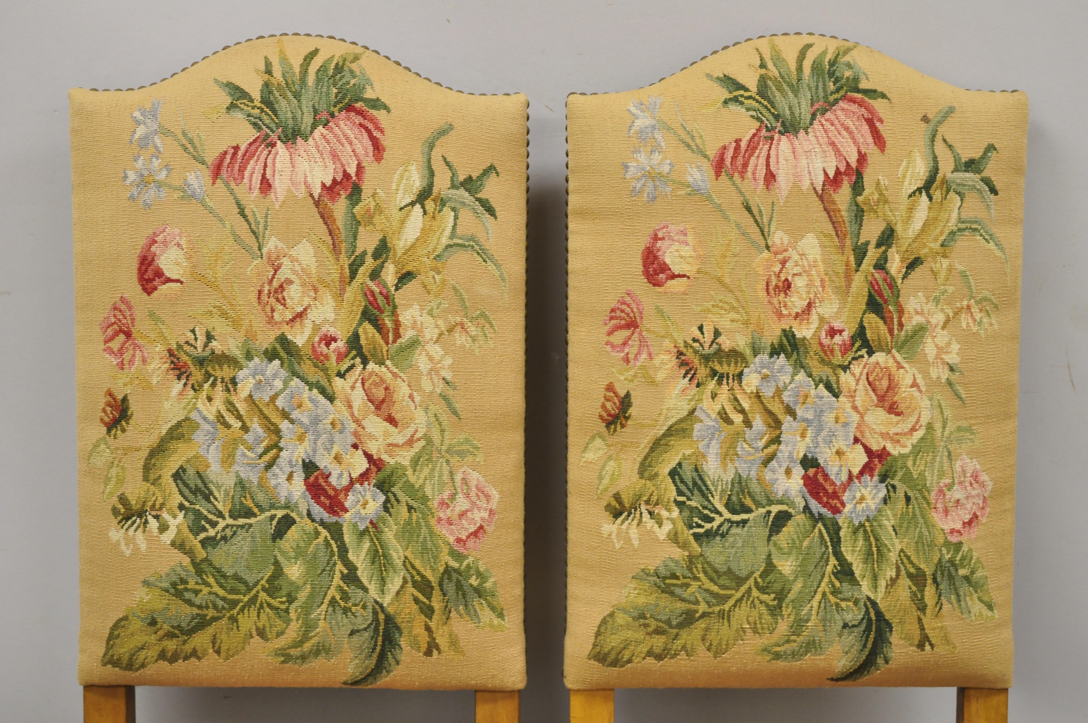 Antique English Jacobean Floral Needlepoint Tall Dining Side Chairs, a Pair In Good Condition In Philadelphia, PA