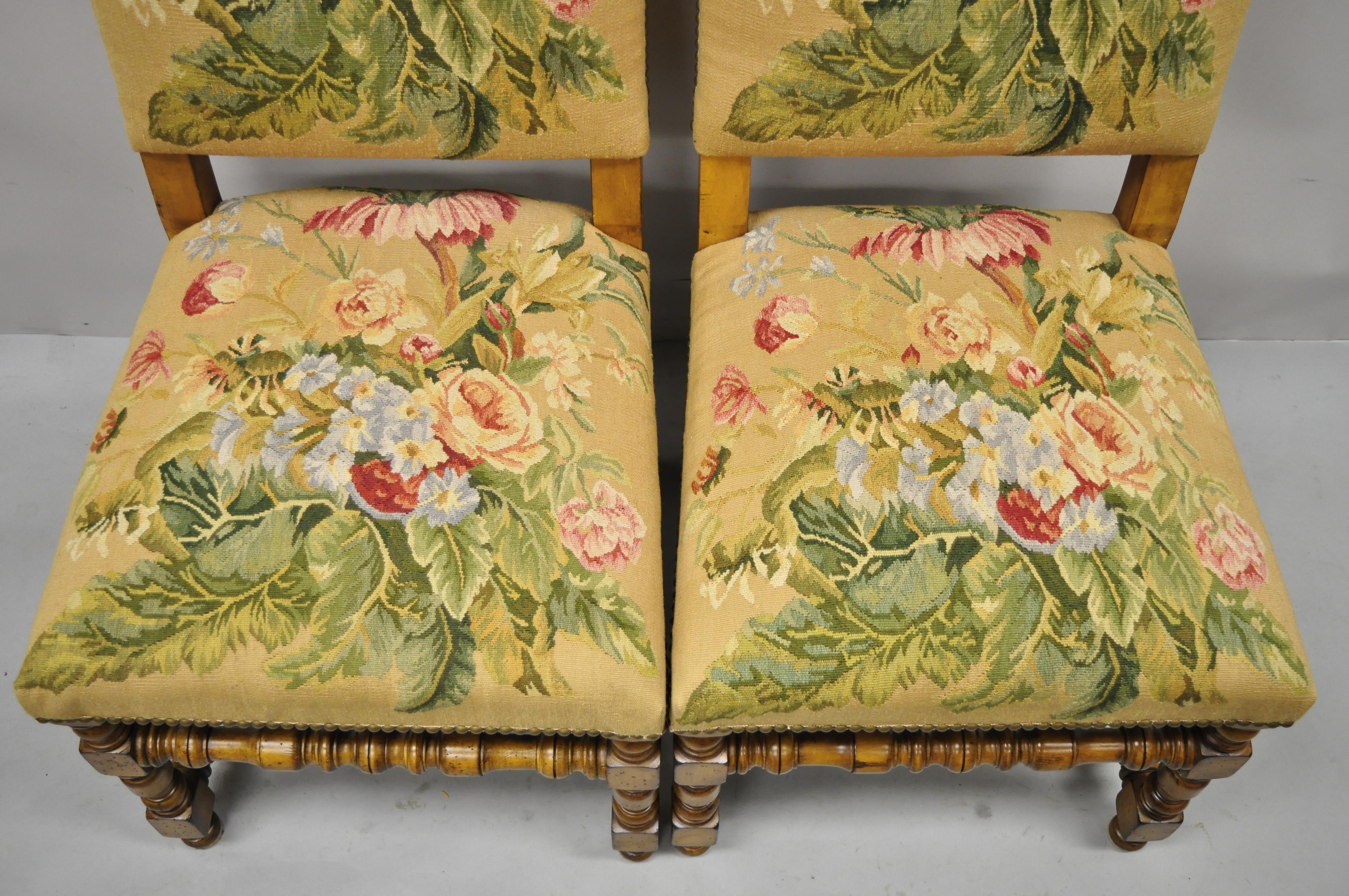 20th Century Antique English Jacobean Floral Needlepoint Tall Dining Side Chairs, a Pair