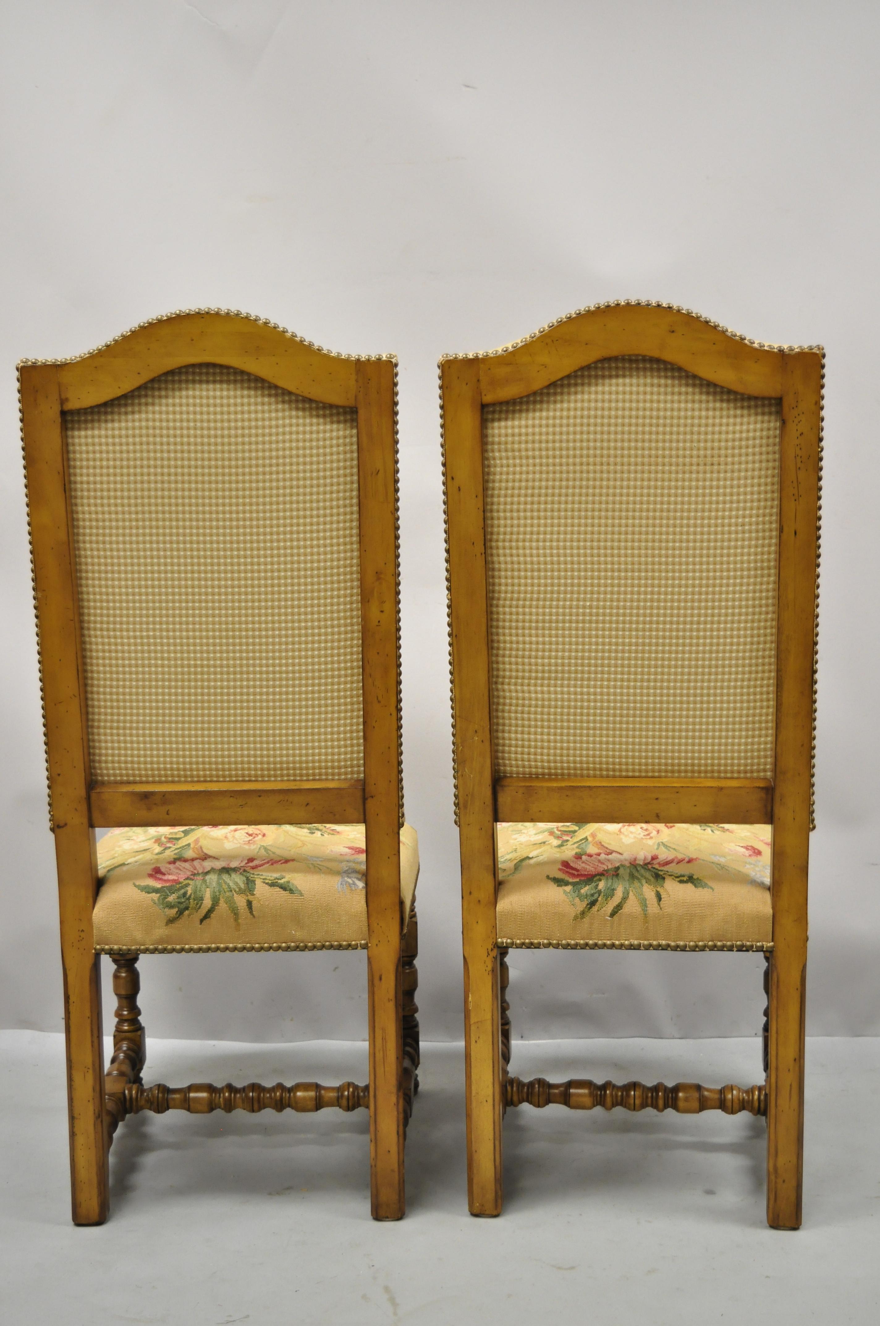 Antique English Jacobean Floral Needlepoint Tall Dining Side Chairs, a Pair 2