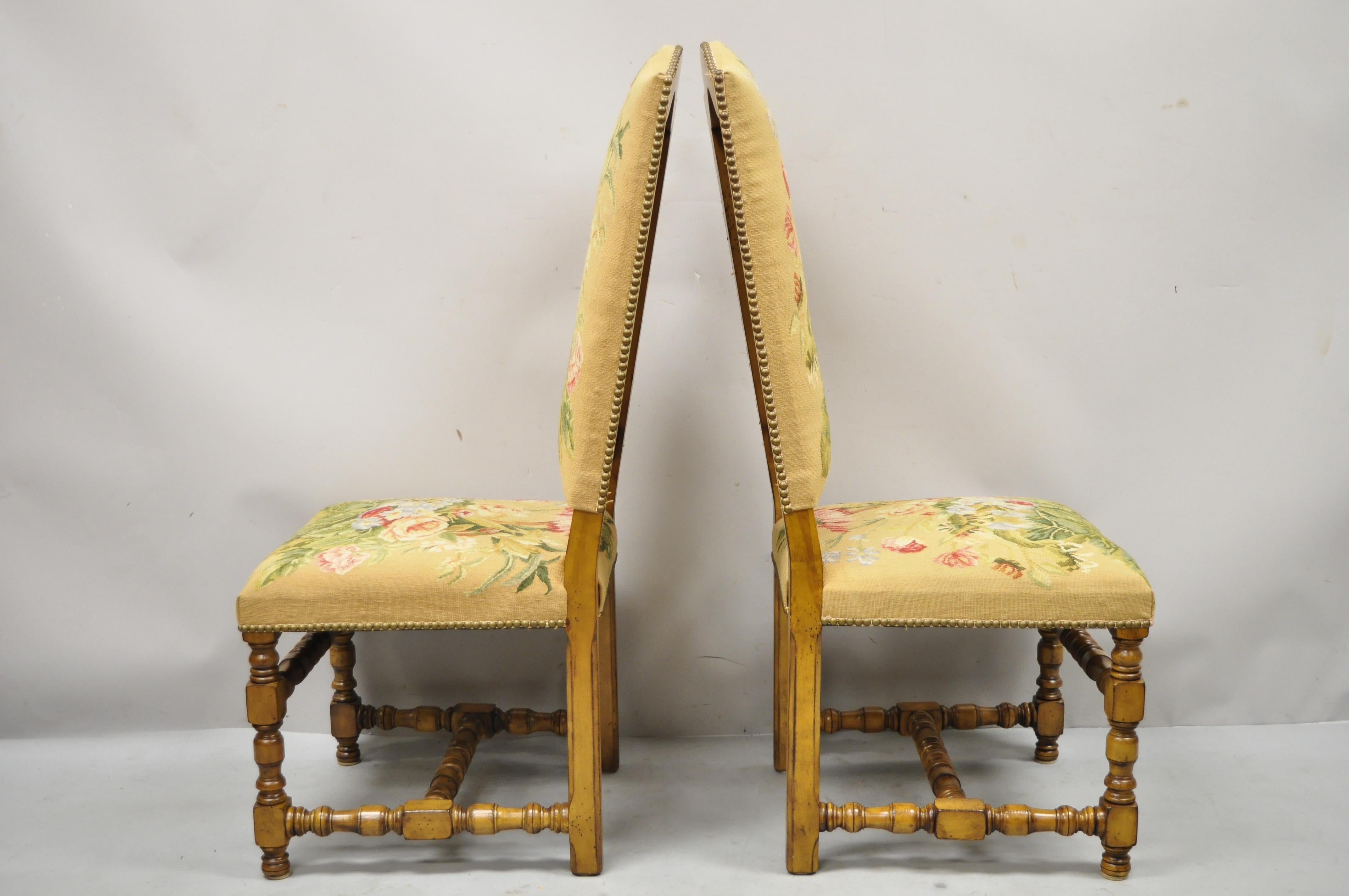 Antique English Jacobean Floral Needlepoint Tall Dining Side Chairs, a Pair 4