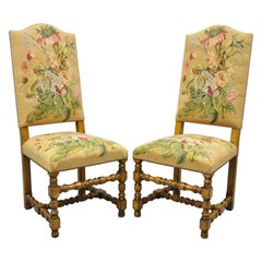 Antique English Jacobean Floral Needlepoint Tall Dining Side Chairs, a Pair