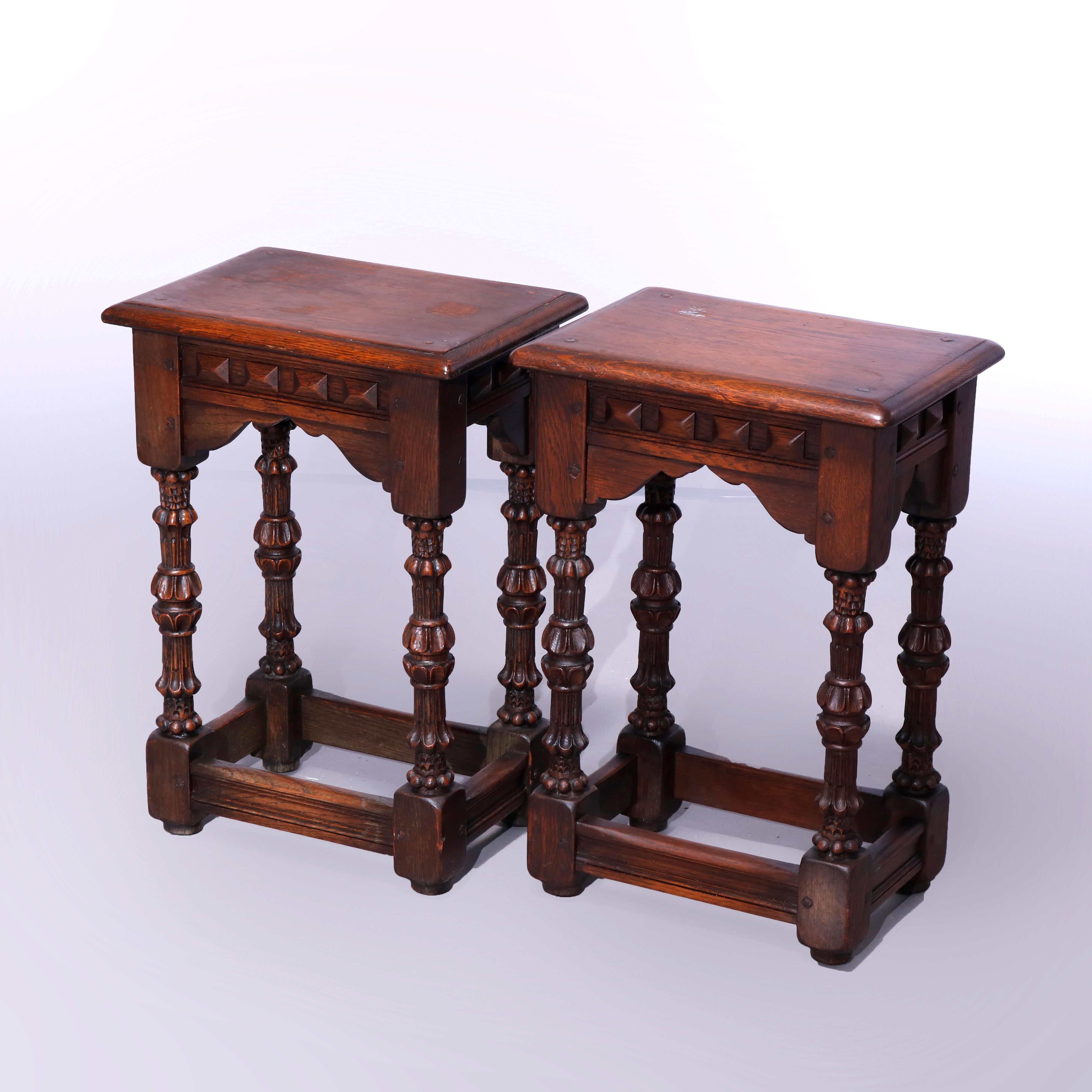American Antique English Jacobean Kittinger Style Oak Side Tables, c1920
