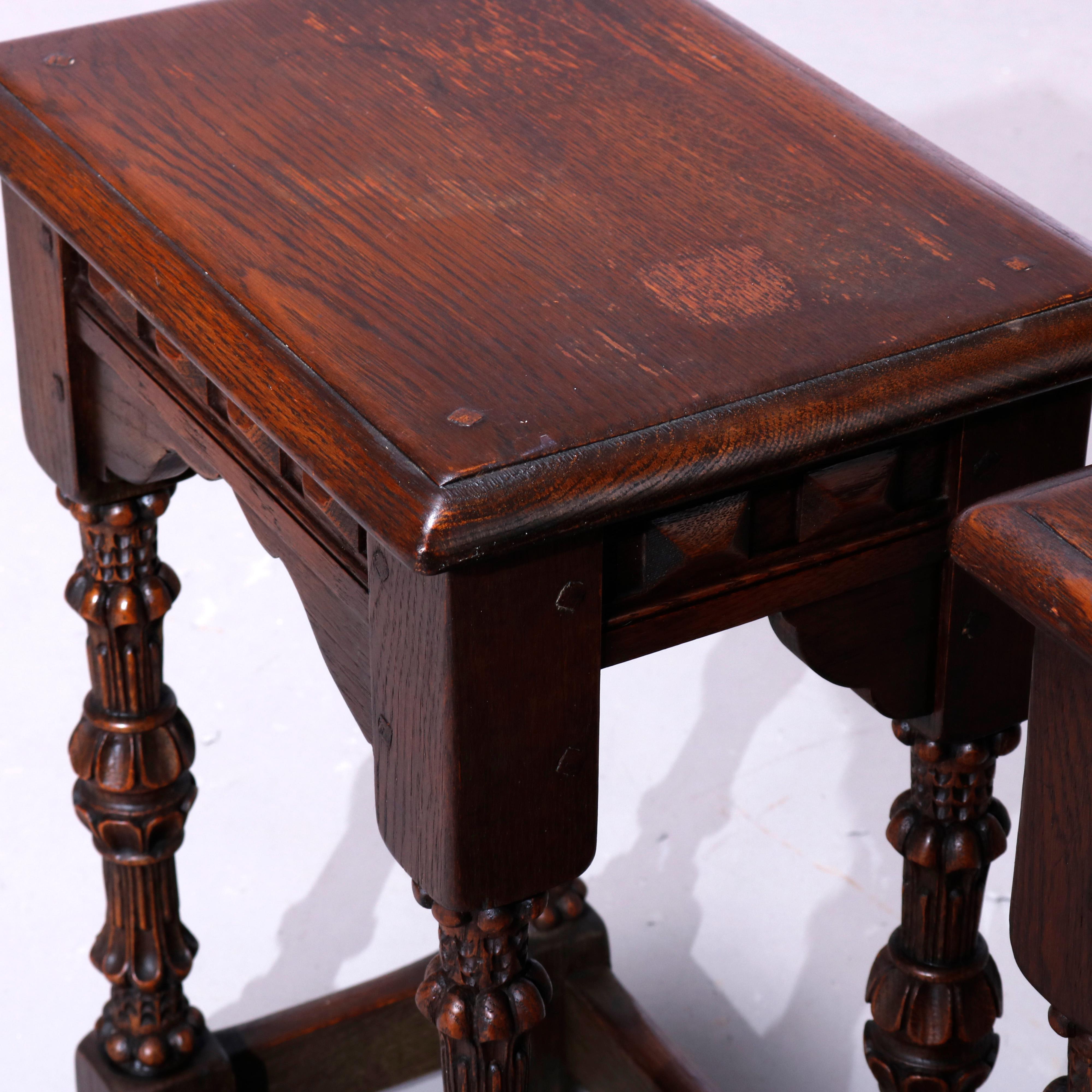 Carved Antique English Jacobean Kittinger Style Oak Side Tables, c1920