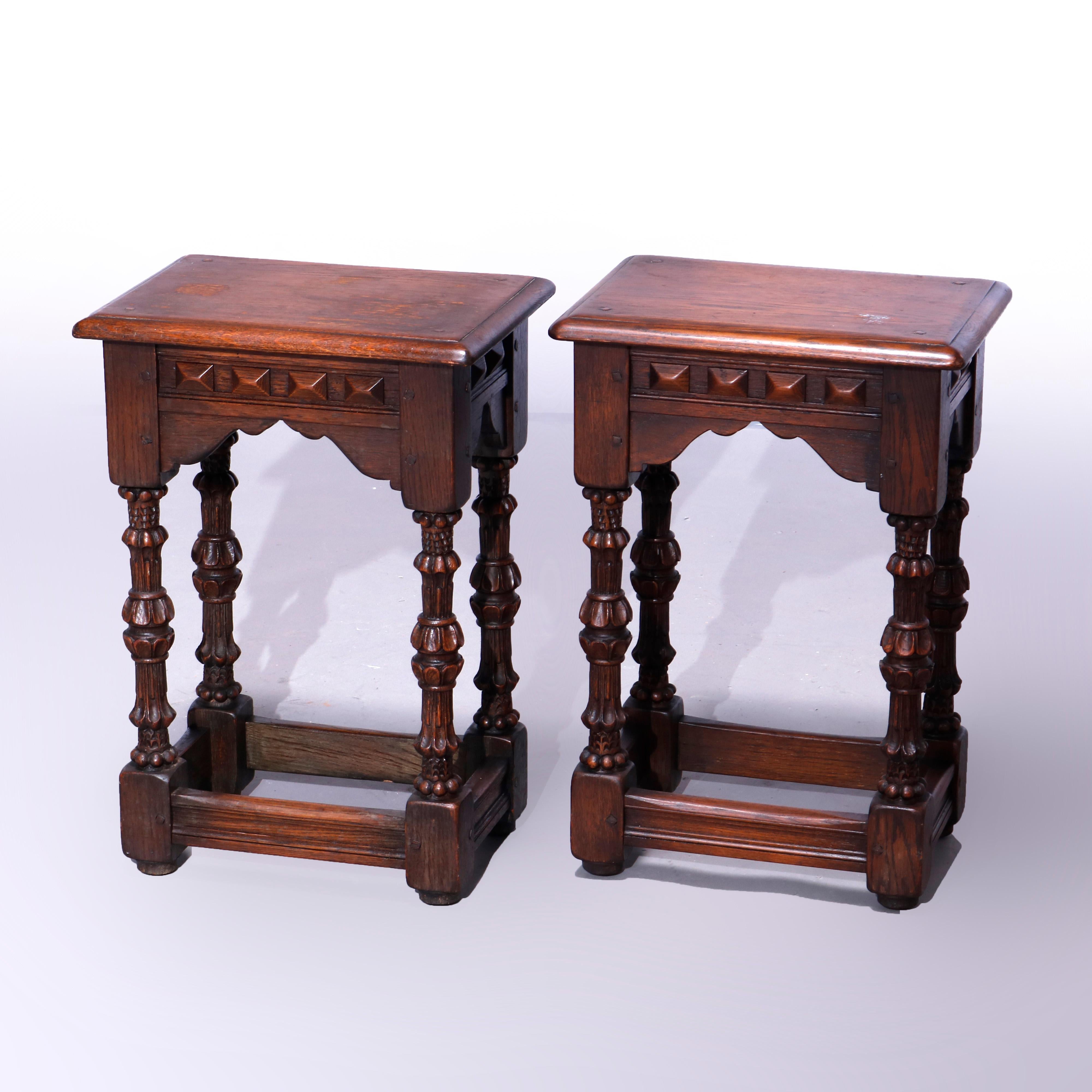 Antique English Jacobean Kittinger Style Oak Side Tables, c1920 In Good Condition In Big Flats, NY
