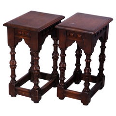Antique English Jacobean Kittinger Style Oak Side Tables, c1920