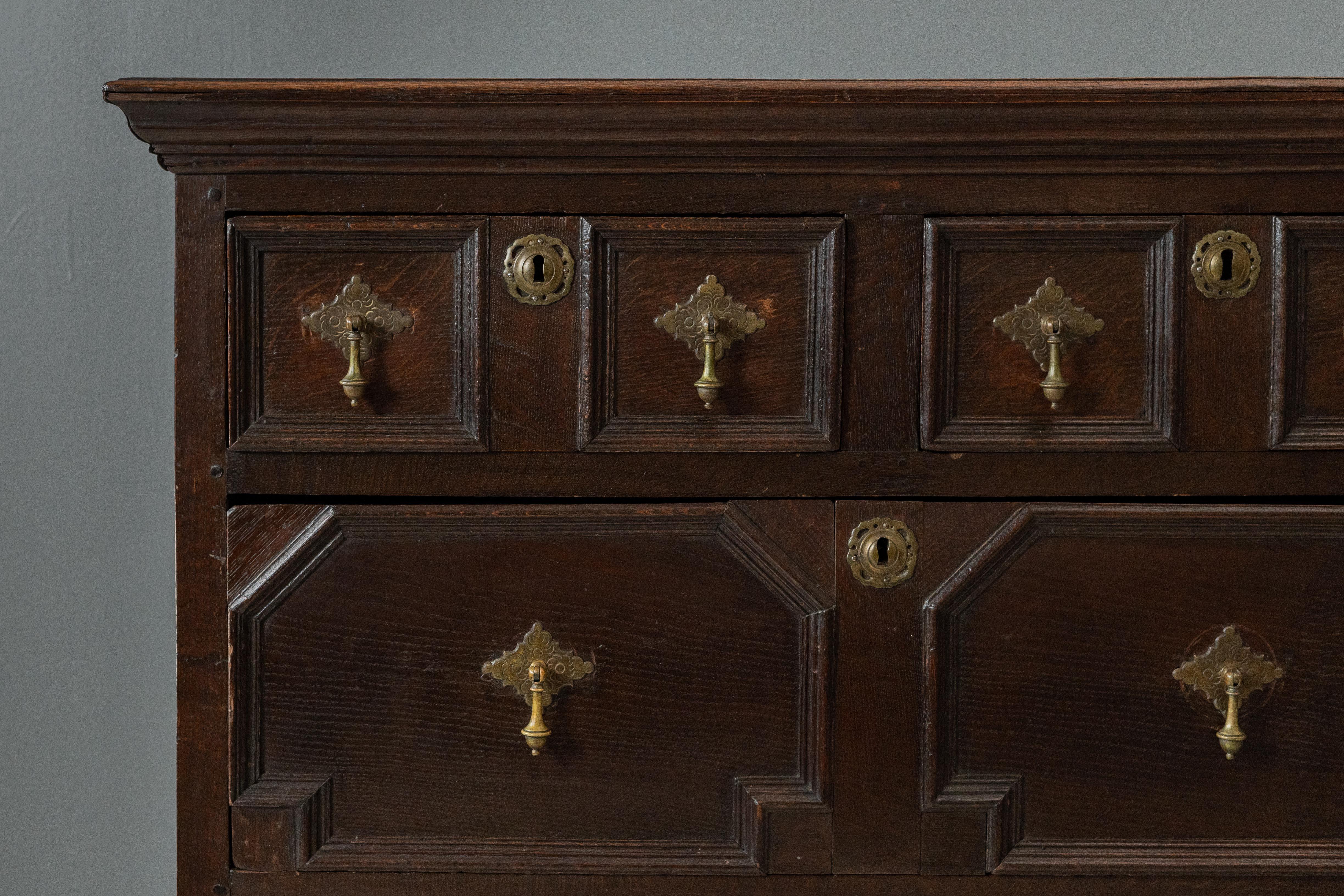 Brass Antique English Jacobean Oak Chest For Sale