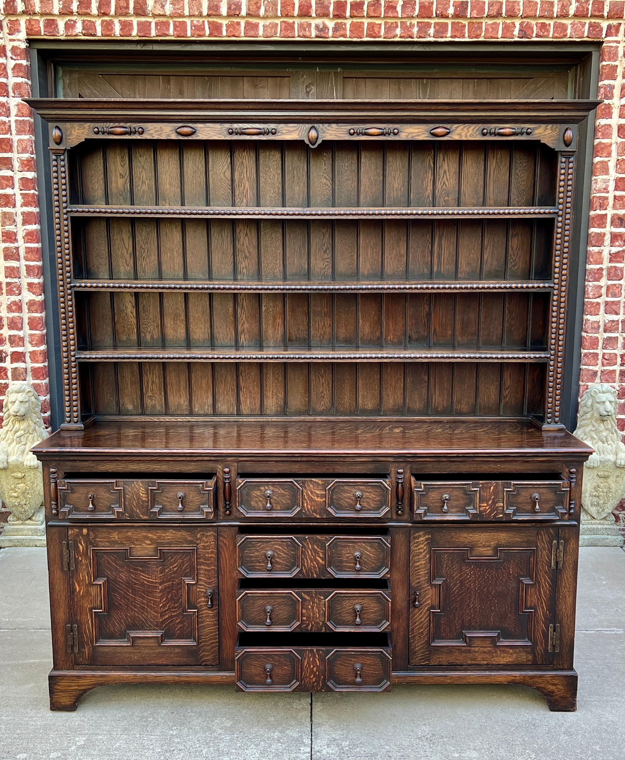 Antique English Jacobean Oak Welsh Plate Dresser Sideboard Server c. 1900 6