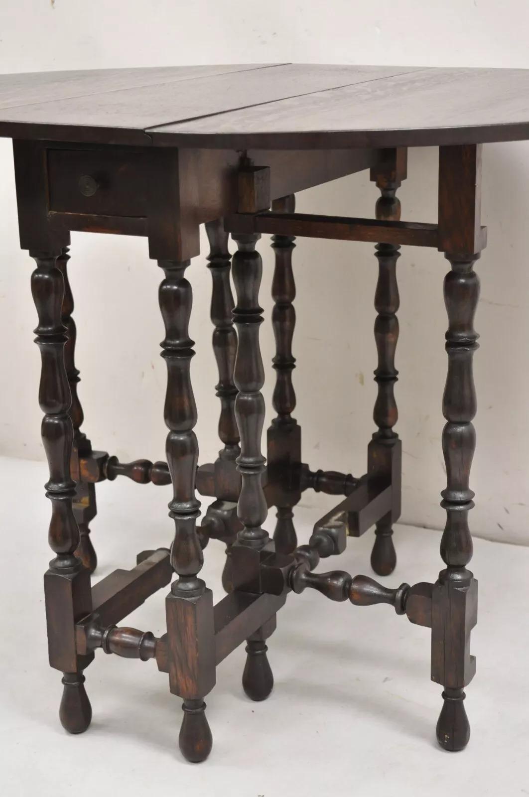 Antique English Jacobean Oak Wood Barley Twist Small Oval Drop Leaf Table 5