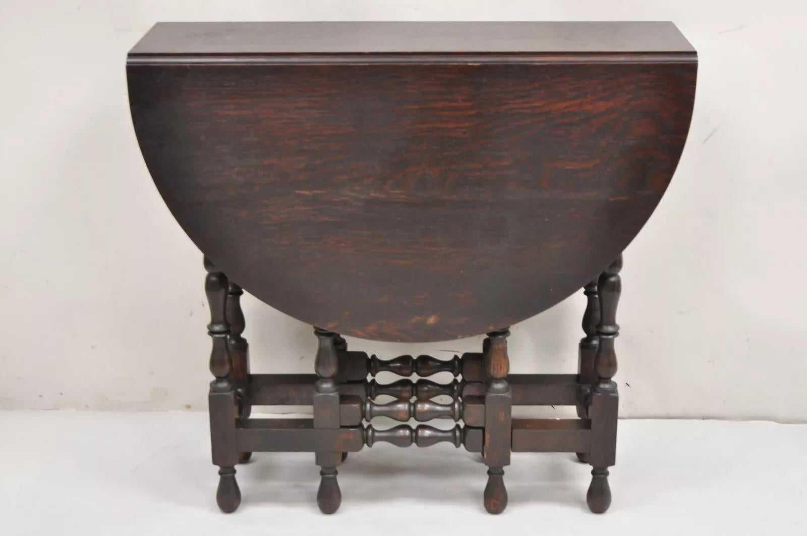 Antique English Jacobean Oak Wood Barley Twist Small Oval Drop Leaf Table 7