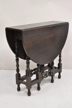 Antique English Jacobean Oak Wood Barley Twist Small Oval Drop Leaf Table