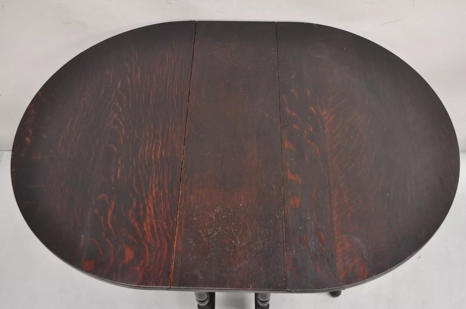 Antique English Jacobean Oak Wood Barley Twist Small Oval Drop Leaf Table 1