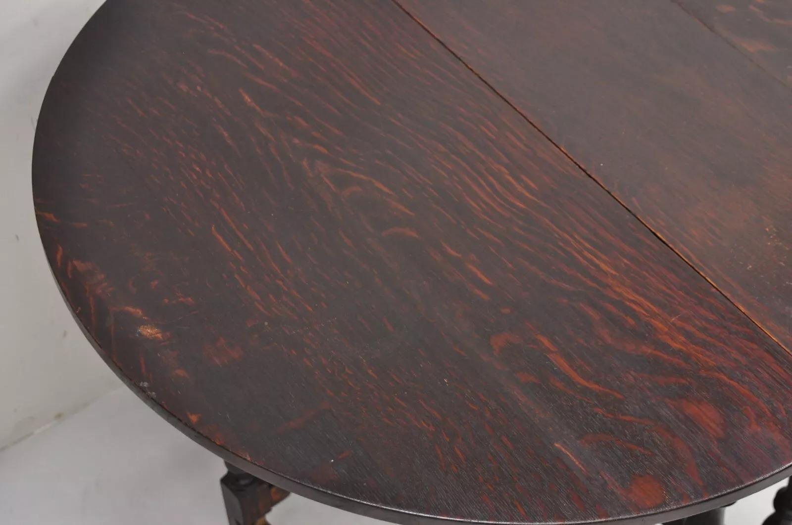 Antique English Jacobean Oak Wood Barley Twist Small Oval Drop Leaf Table 2