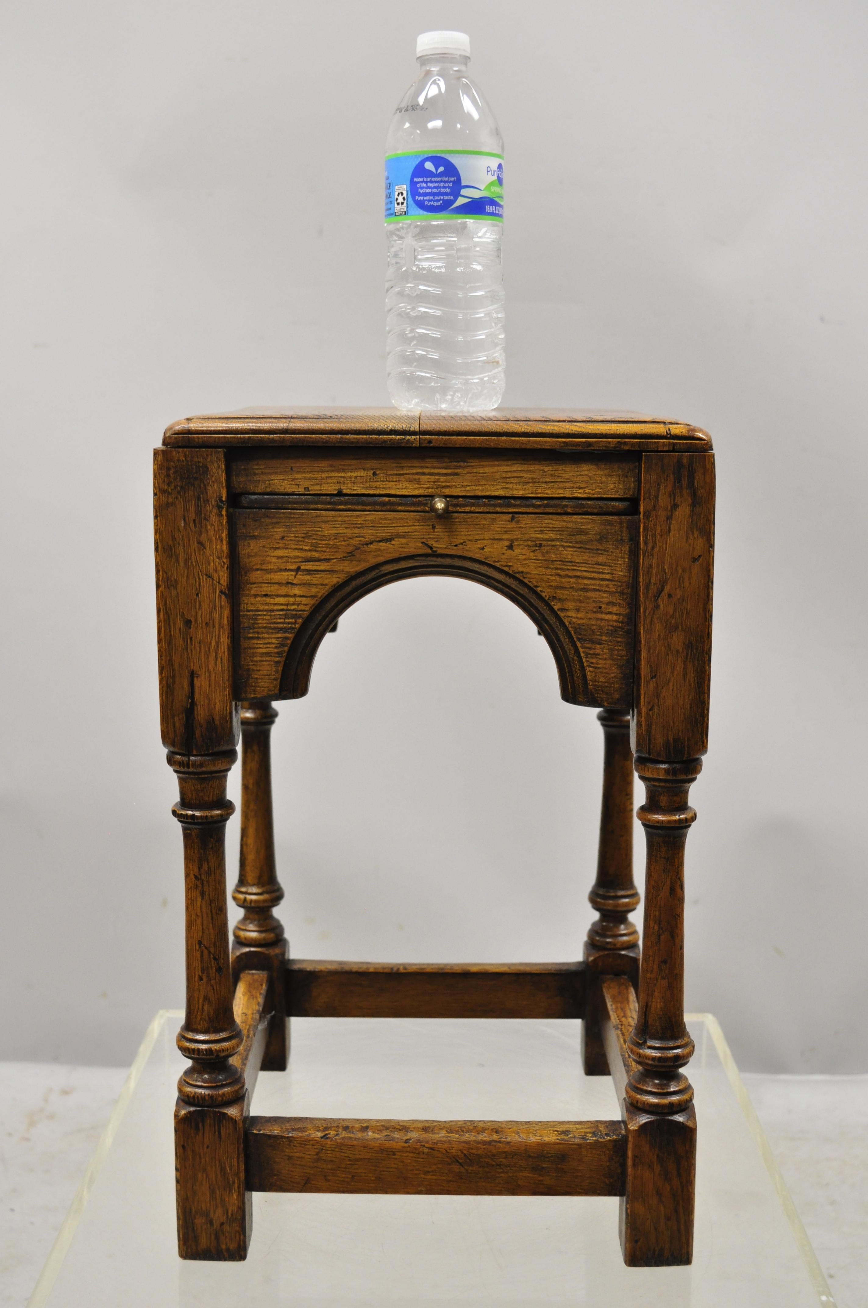 English Jacobean Oak Wood Small Accent Side Table with 4 Pullout Surfaces 4