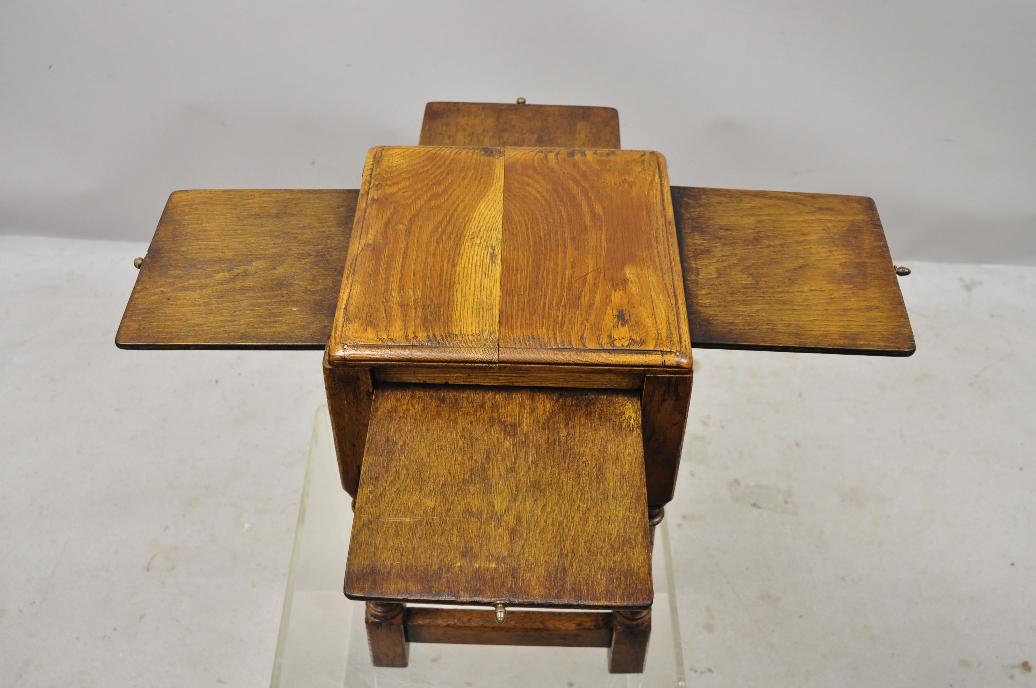 English Jacobean Oak Wood Small Accent Side Table with 4 Pullout Surfaces 6