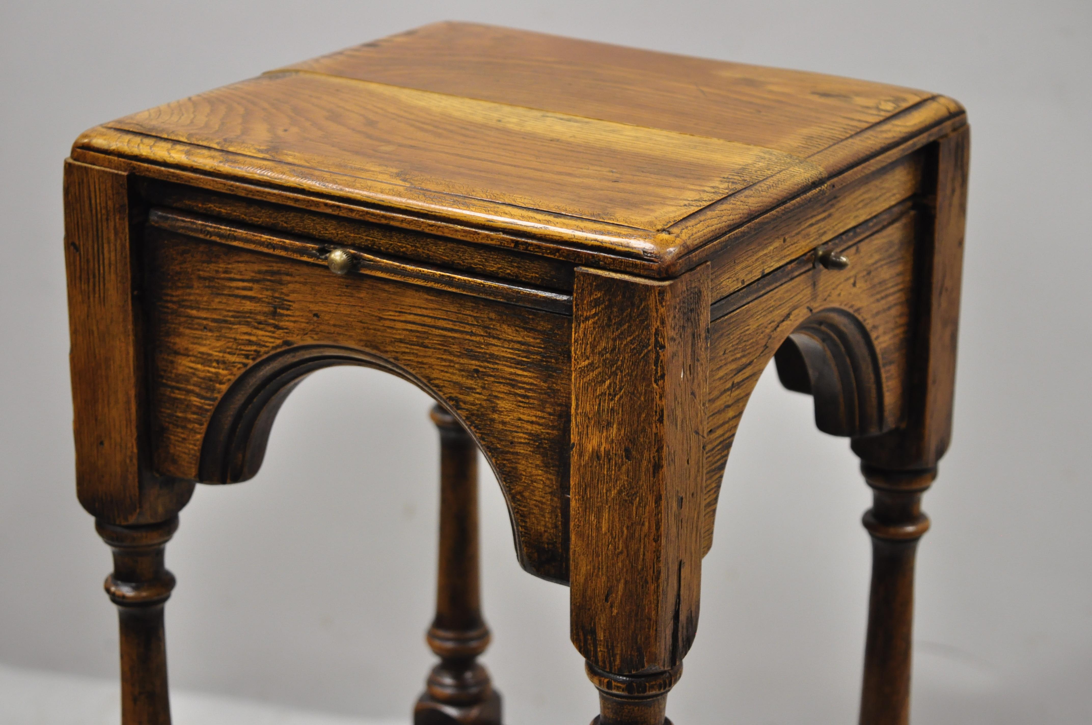 European English Jacobean Oak Wood Small Accent Side Table with 4 Pullout Surfaces