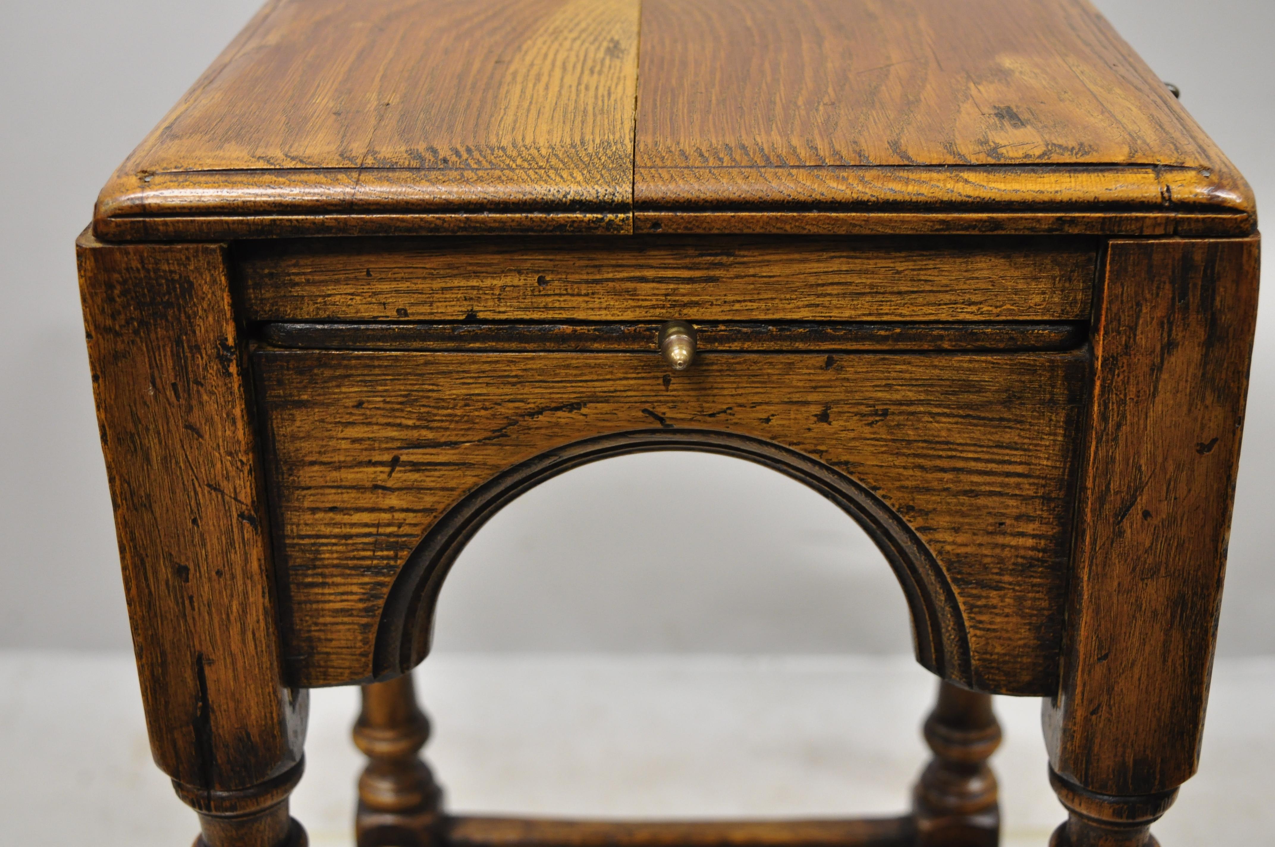 20th Century English Jacobean Oak Wood Small Accent Side Table with 4 Pullout Surfaces