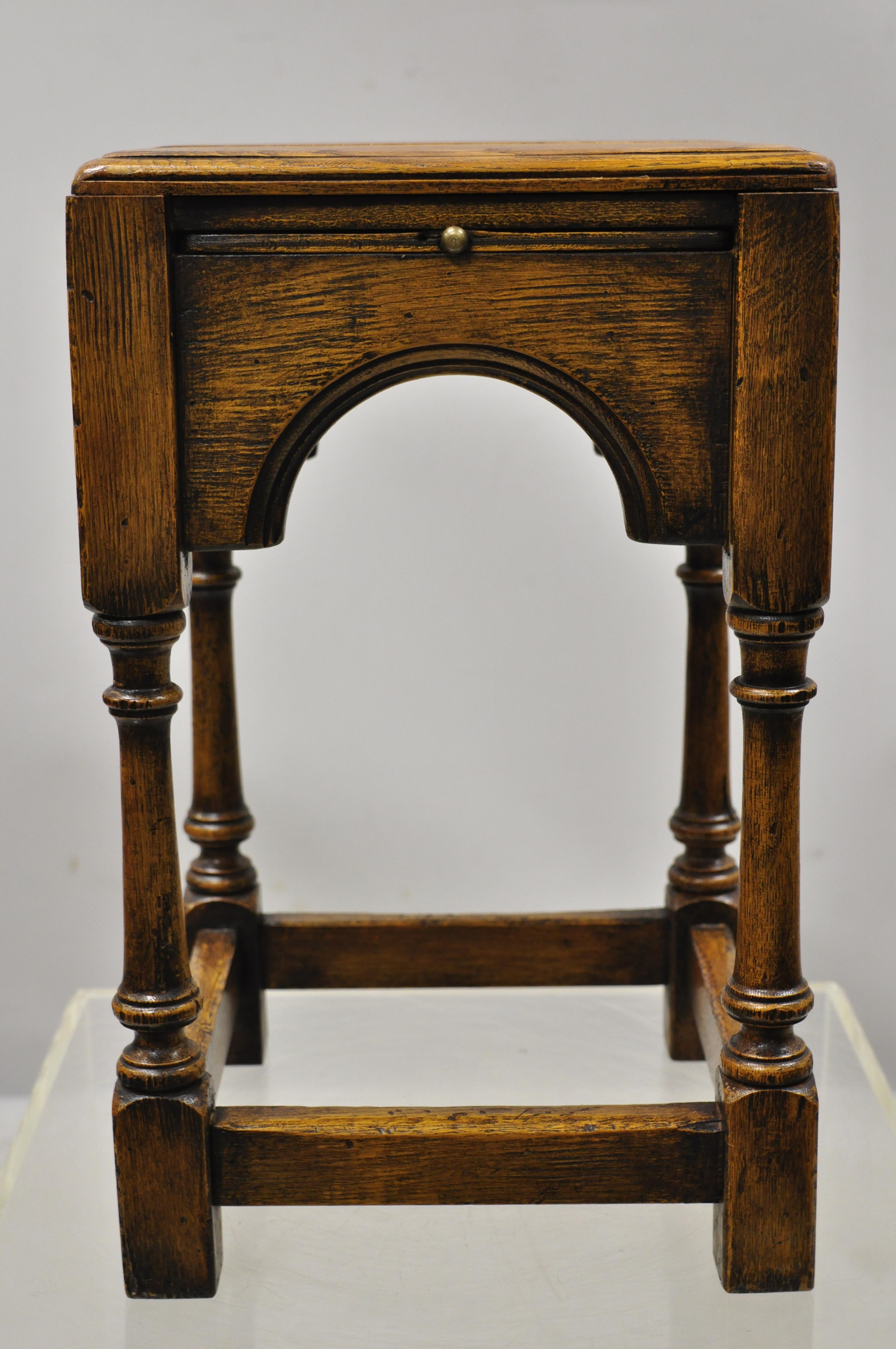 English Jacobean Oak Wood Small Accent Side Table with 4 Pullout Surfaces 1