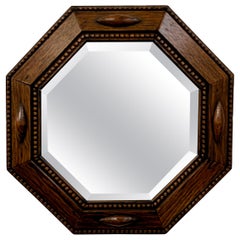 Antique English Jacobean Octagonal Oak Framed Beveled Wall Mirror Antique English Jacobean Octagonal Oak Framed Beveled Wall Mirror