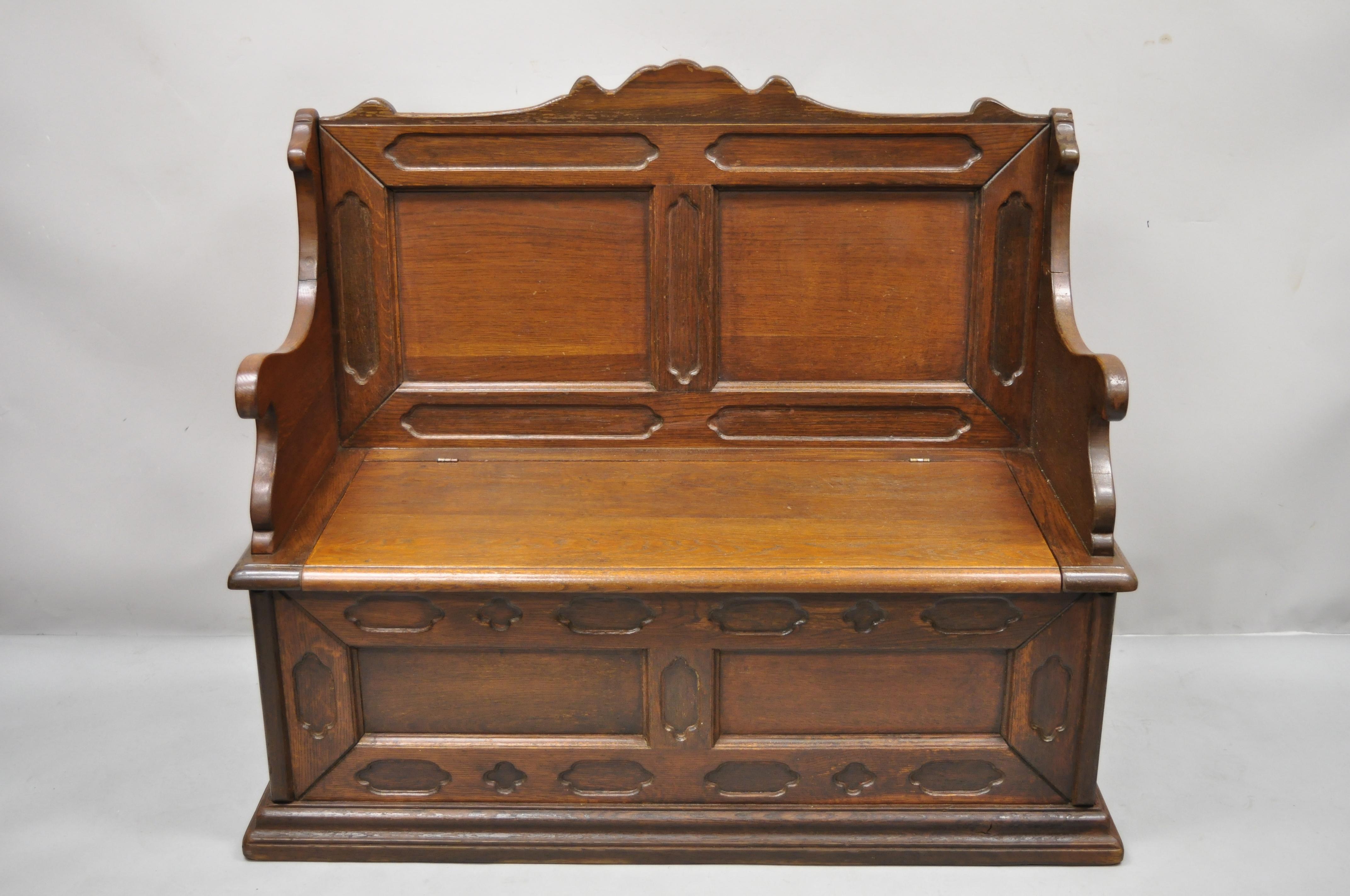 Antique English Jacobean Renaissance Revival Oak Wood Pew Bench with Storage Lid 6