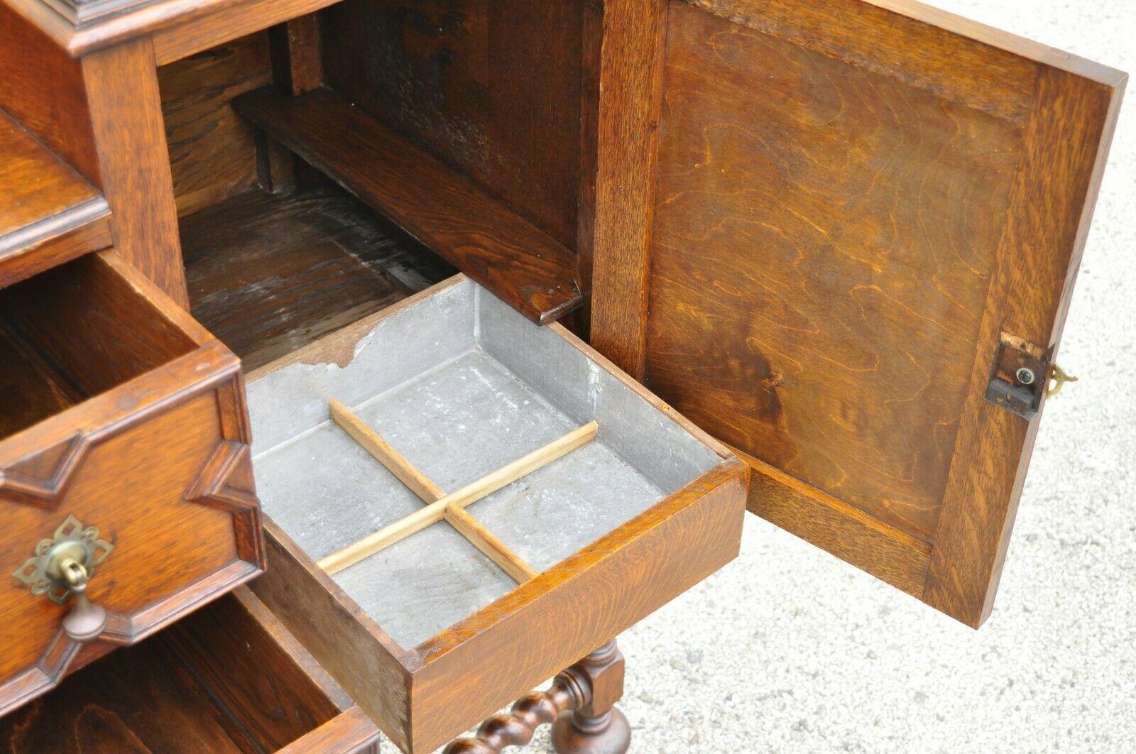 Antique English Jacobean Renaissance Spiral Barley Twist Oak Sideboard Buffet 5