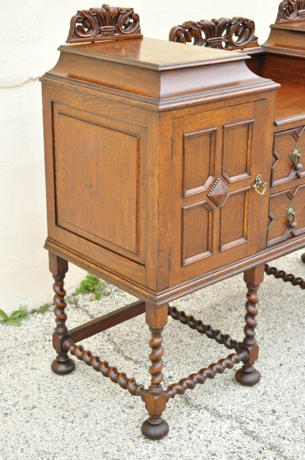 20th Century Antique English Jacobean Renaissance Spiral Barley Twist Oak Sideboard Buffet