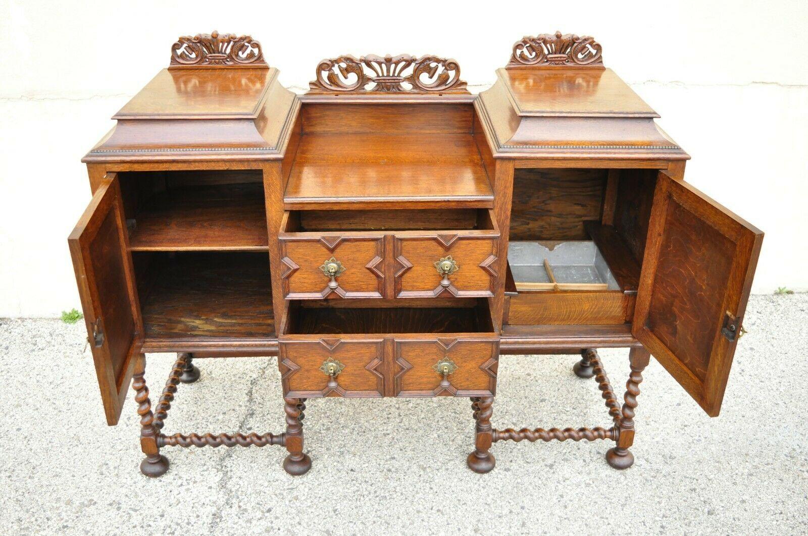 Antique English Jacobean Renaissance Spiral Barley Twist Oak Sideboard Buffet 4