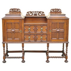 Antique English Jacobean Renaissance Spiral Barley Twist Oak Sideboard Buffet