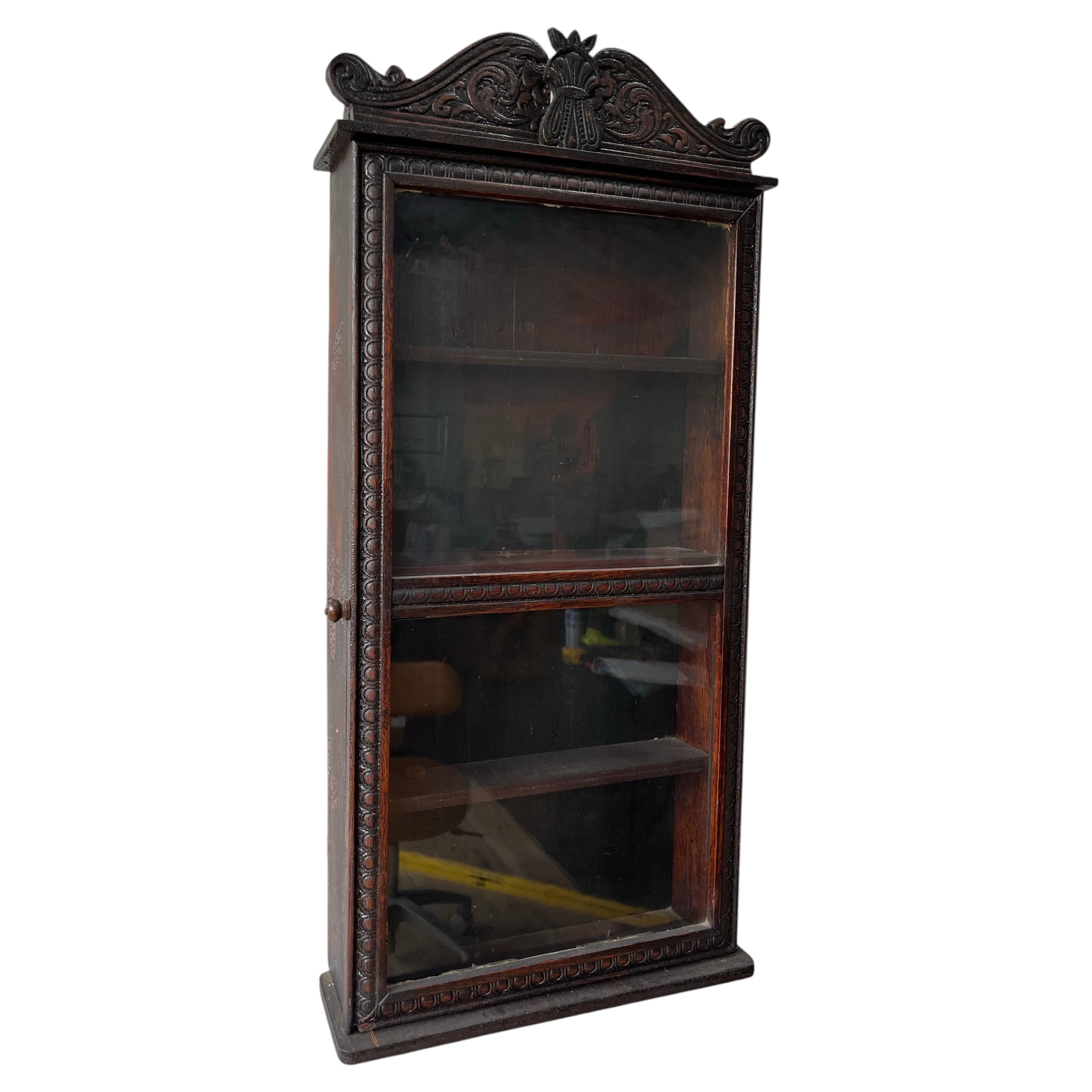 Antique English Jacobean Revival Carved Oak Hanging Display Cabinet