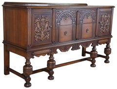 Antique English Jacobean Revival Oak Buffet Server Sideboard Credenza