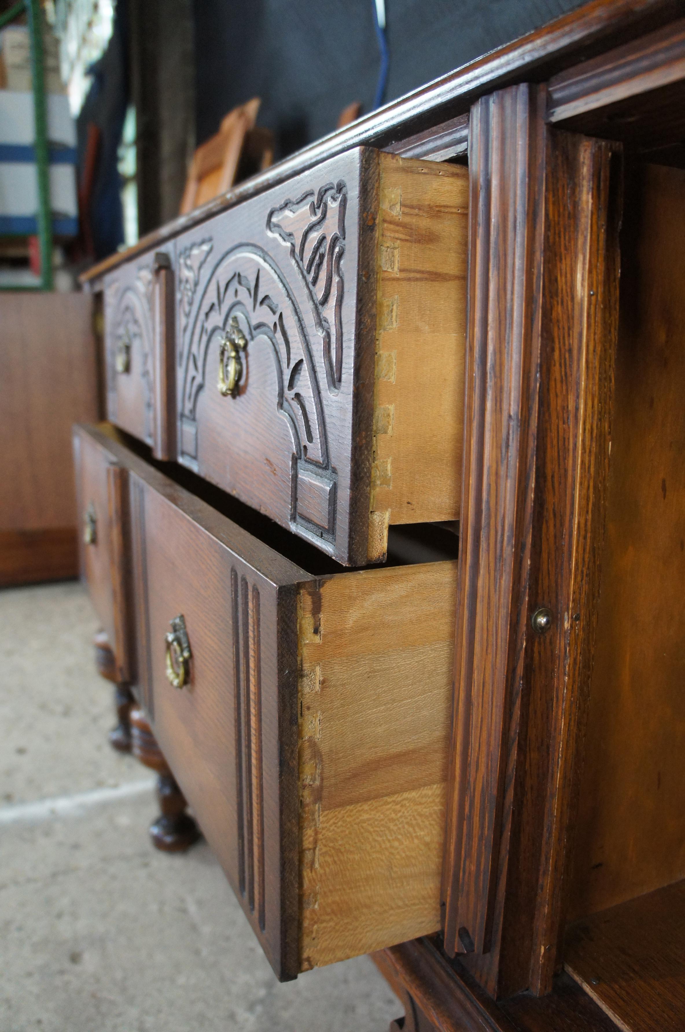 20th Century Antique English Jacobean Revival Oak Buffet Server Sideboard Credenza