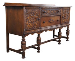 Antique English Jacobean Revival Oak Carved Buffet Server Sideboard Credenza