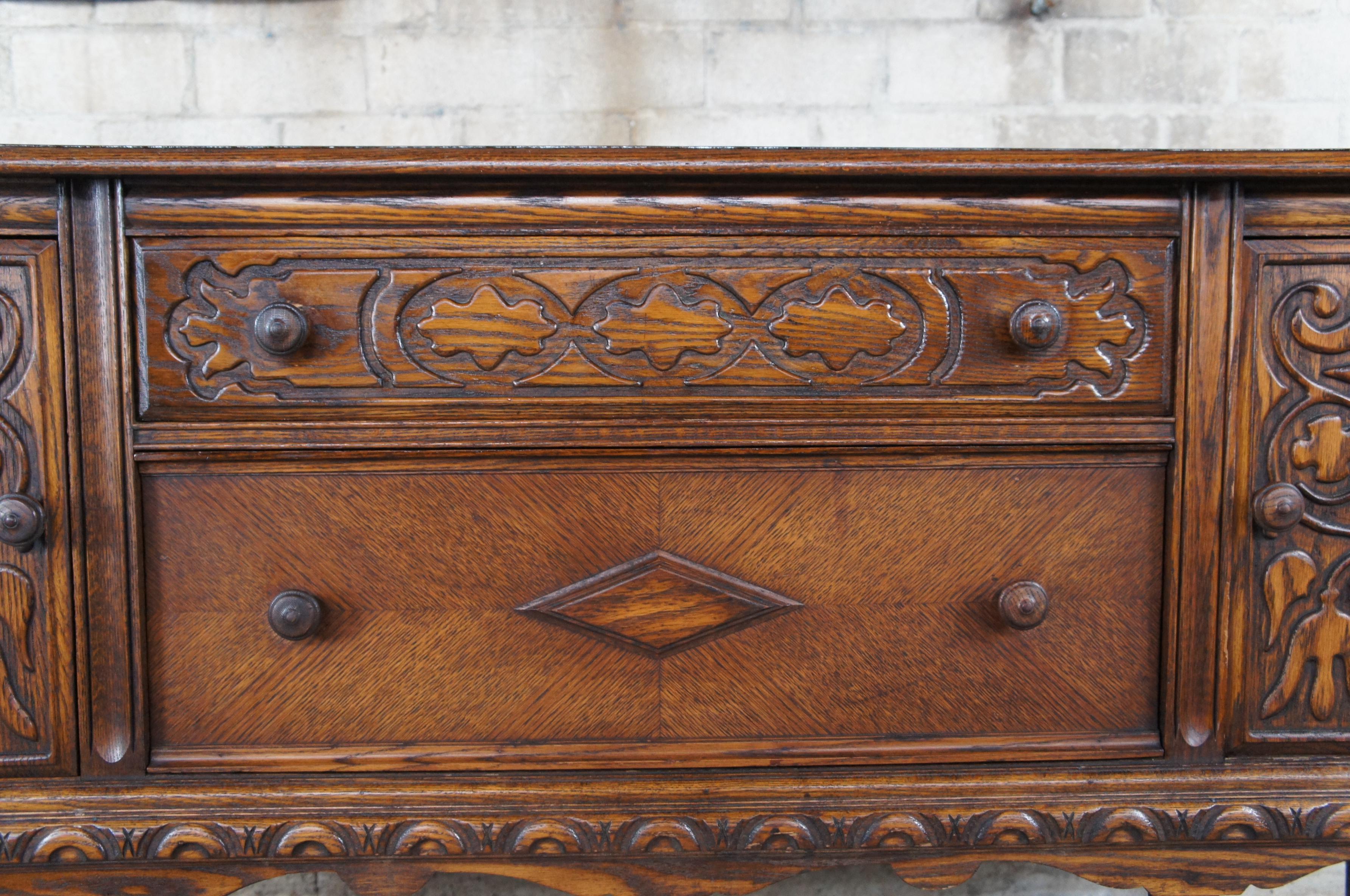 Antique English Jacobean Revival Oak Carved Buffet Server Sideboard Credenza In Good Condition In Dayton, OH